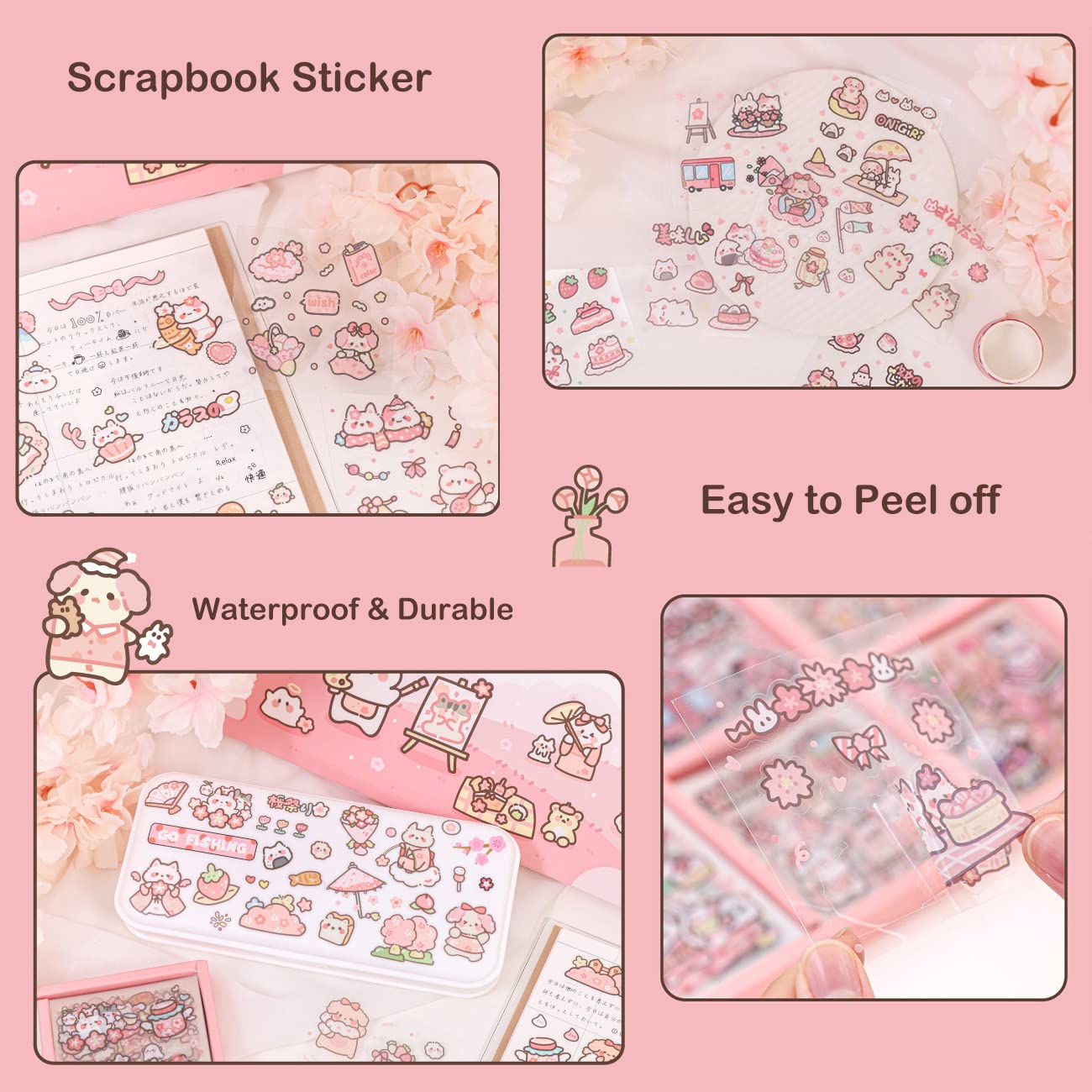 Doraking Kawaii Cute Animal Stickers for Journaling Scrapbooking, Vinyl Transparent Flower Stickers for Water Bottle Laptop, 200 Sheets Aesthetic Sticker Boxed Gifts for Teens Adults