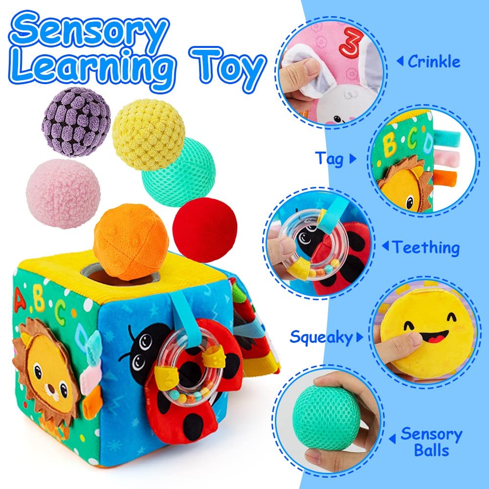 beetoy Sensory Busy Cube for Baby, Montessori Infant Toys with Textured Sensory Balls, Early Learning Travel Toys for Fine Motor Skills, Perfect Newborn Boy and Girl Gift