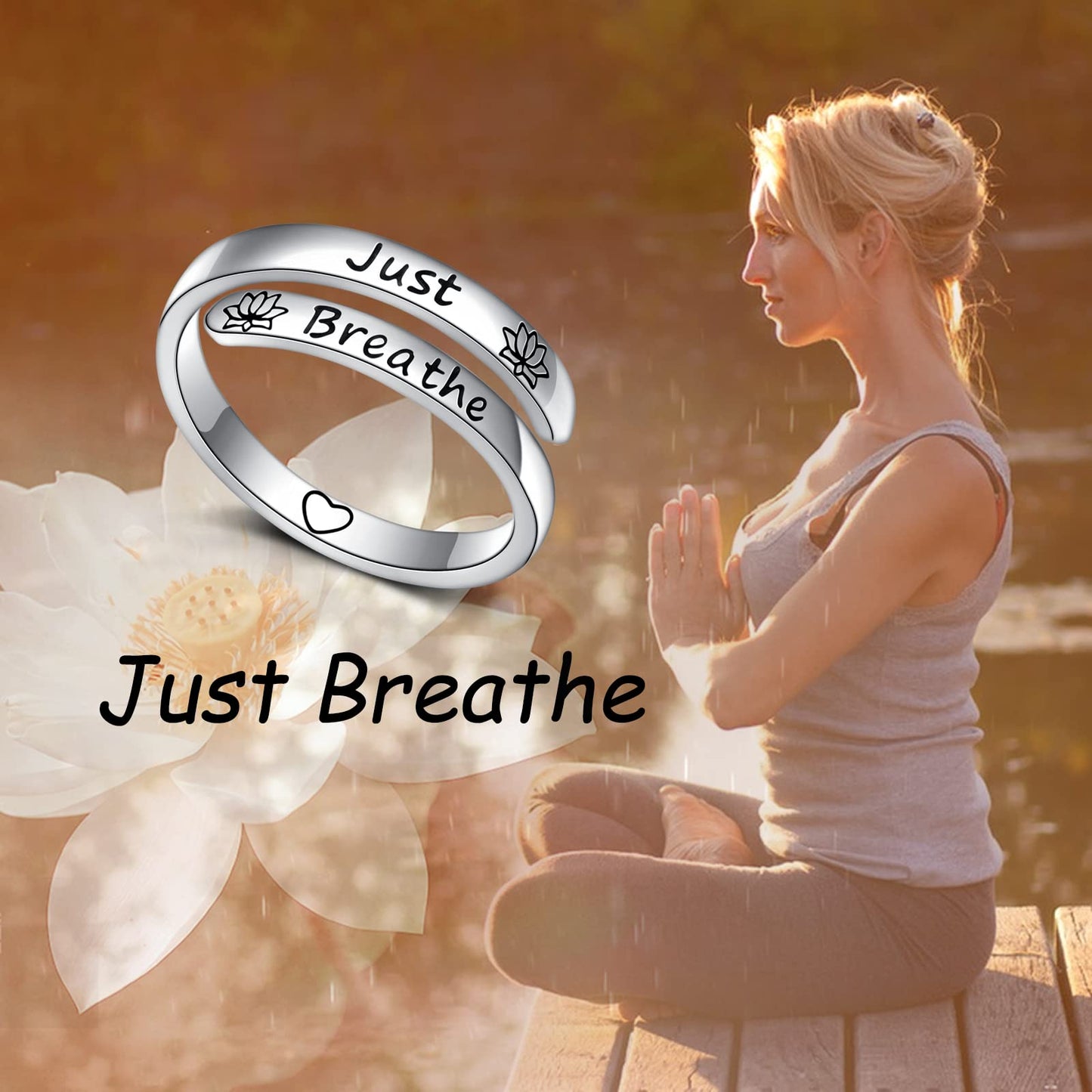 Ladytree Adjustable Inspirational Rings 925 Sterling Silver Yoga Lotus Flower Stacking Wrap Spiral Twist Statement Band Encouragement Jewelry Heartfelt Gifts for Women Yoga Lover(Just Breathe)