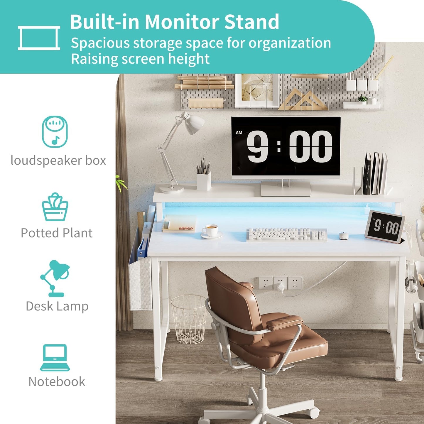 Lufeiya White Computer Desk with LED Lights and Power Outlets, 40 Inch Home Office Desks with Monitor Stand, Teen Writing Study Table Gaming Desk with Charging Station, White