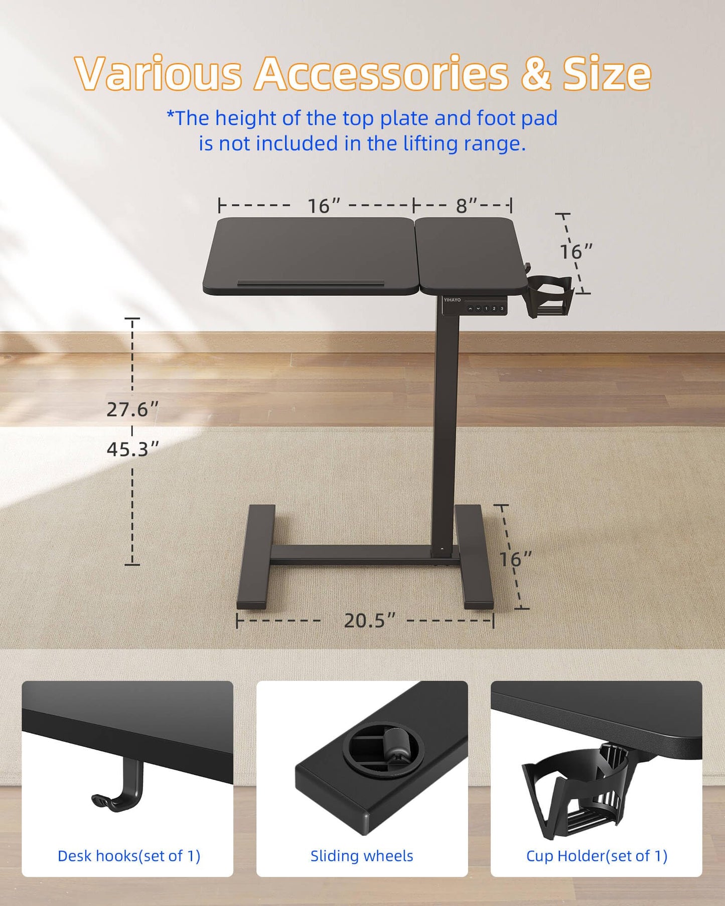 YIHAYO Electric Adjustable Overbed Bedside Table with Wheels, 24 x 16 Inches Mobile Standing Desk, Laptop Desk, Movable Overbed Tables Hospital Home Use, Black