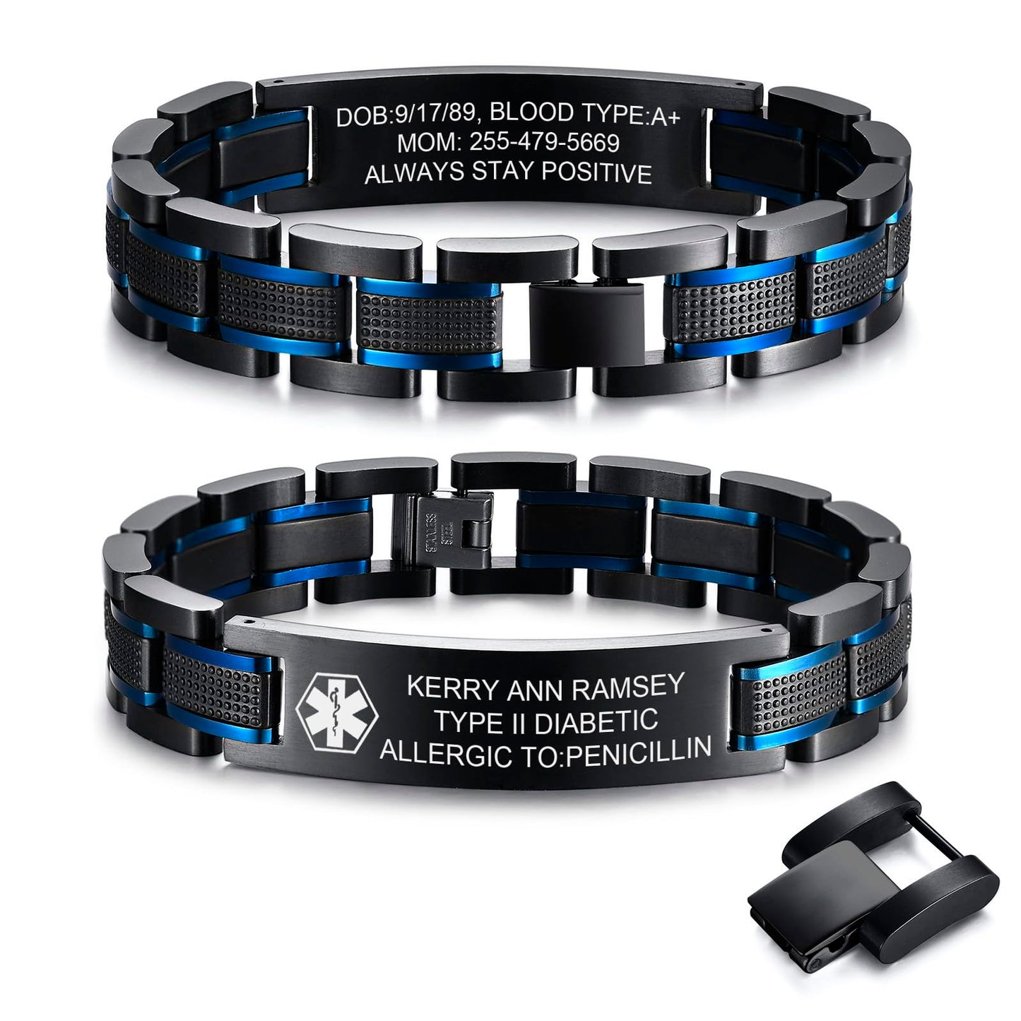 Medical ID Bracelet for Men : Free Engraving Stainless Steel Masculine Elaborate Medical Alert Wristband Personalized Medic ID Bracelet Jewelry 2-Tone Black Blue