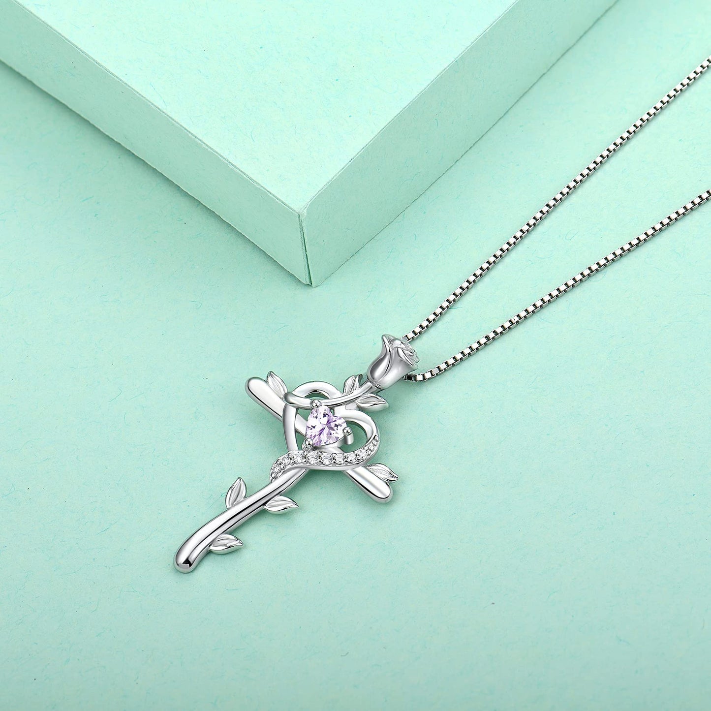 STARCHENIE Rose Cross Necklace 925 Sterling Silver Heart Crucifix Pendant Created Alexandrite Jewelry for Women
