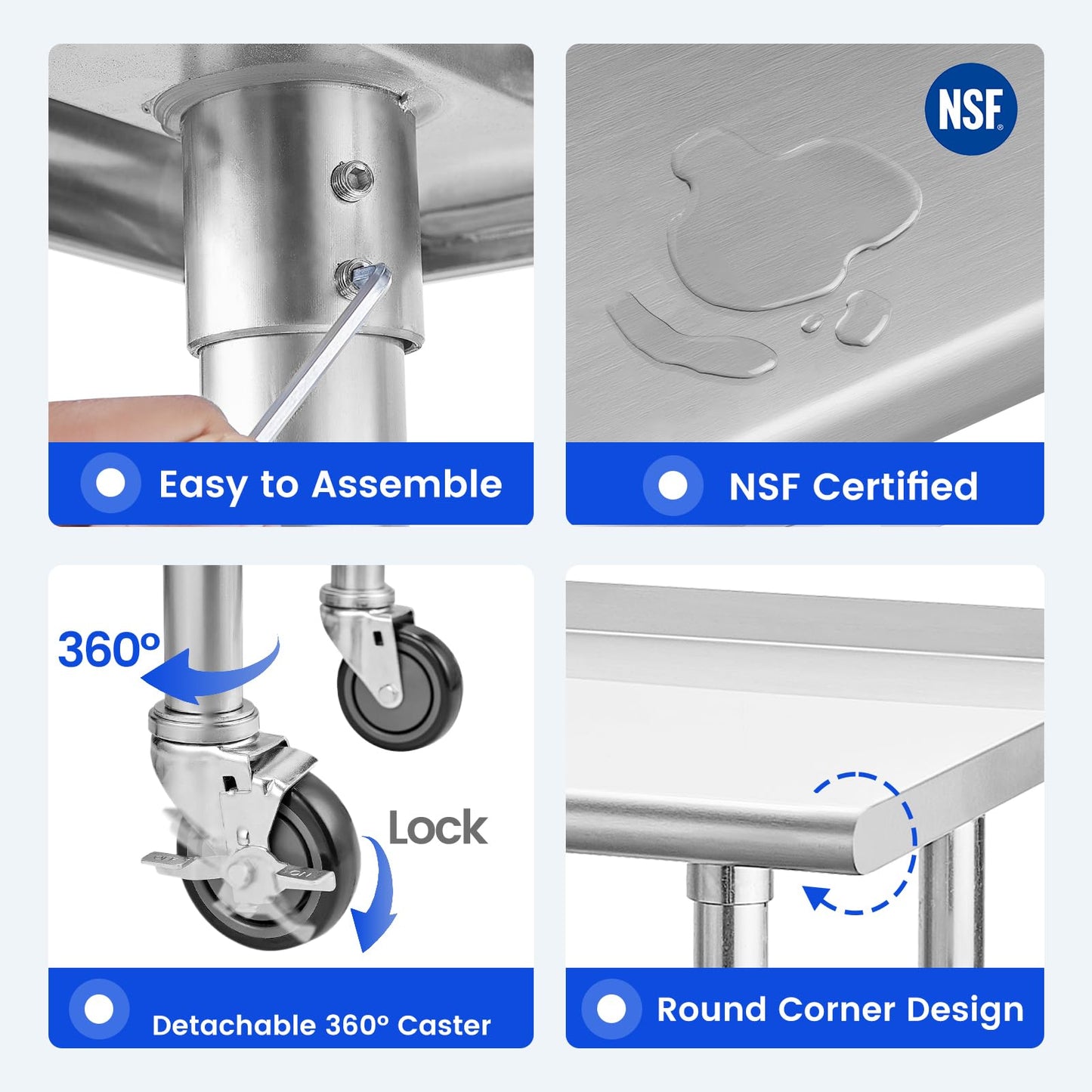 HALLY SINKS & TABLES H Stainless Steel Table for Prep & Work 24 x 72 Inches with Caster Wheels, NSF Commercial Heavy Duty Table with Undershelf and Backsplash for Restaurant, Home and Hotel