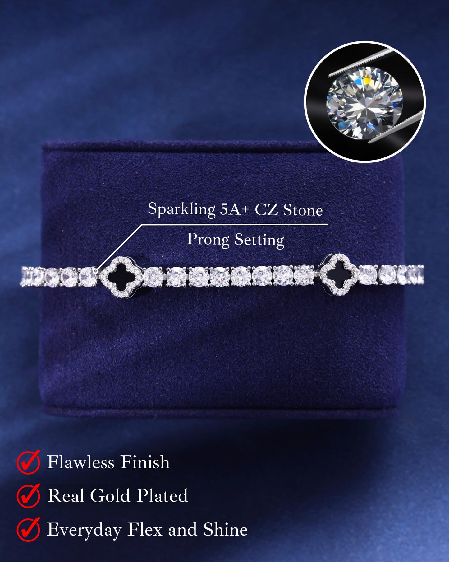 LuxeFlex 4mm Iced Out Clover Tennis Bracelet, White Gold Plated with 5A Zircon Stones, Handmade exquisite Hip Hop Jewelry, Perfect Unisex Gift (White Gold, 7)