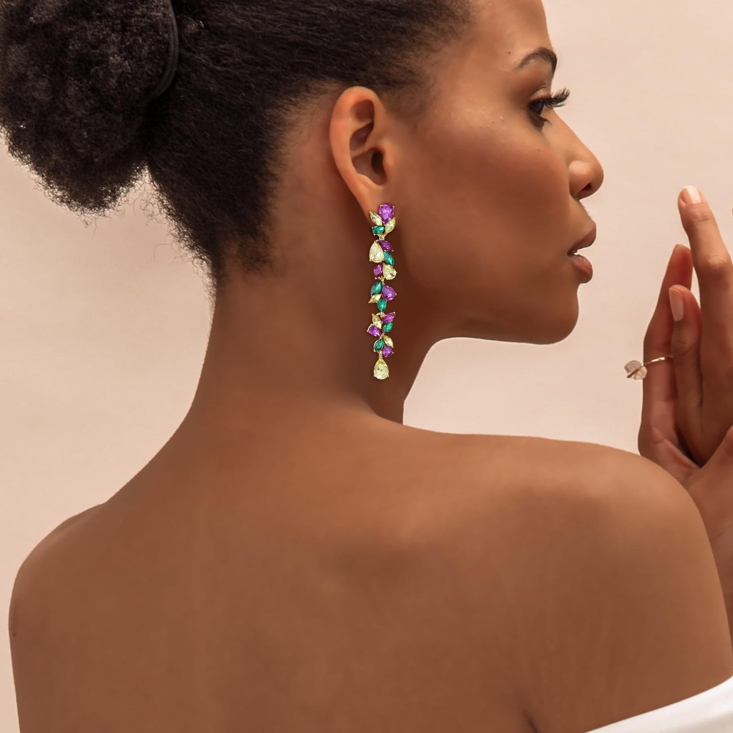EVER FAITH Rhinestone Crystal Mardi Gras Chandelier Dangle Earring for Women, Cluster Marquise Teardrop Long Earrings for Carnival Holiday Party Purple Green Yellow