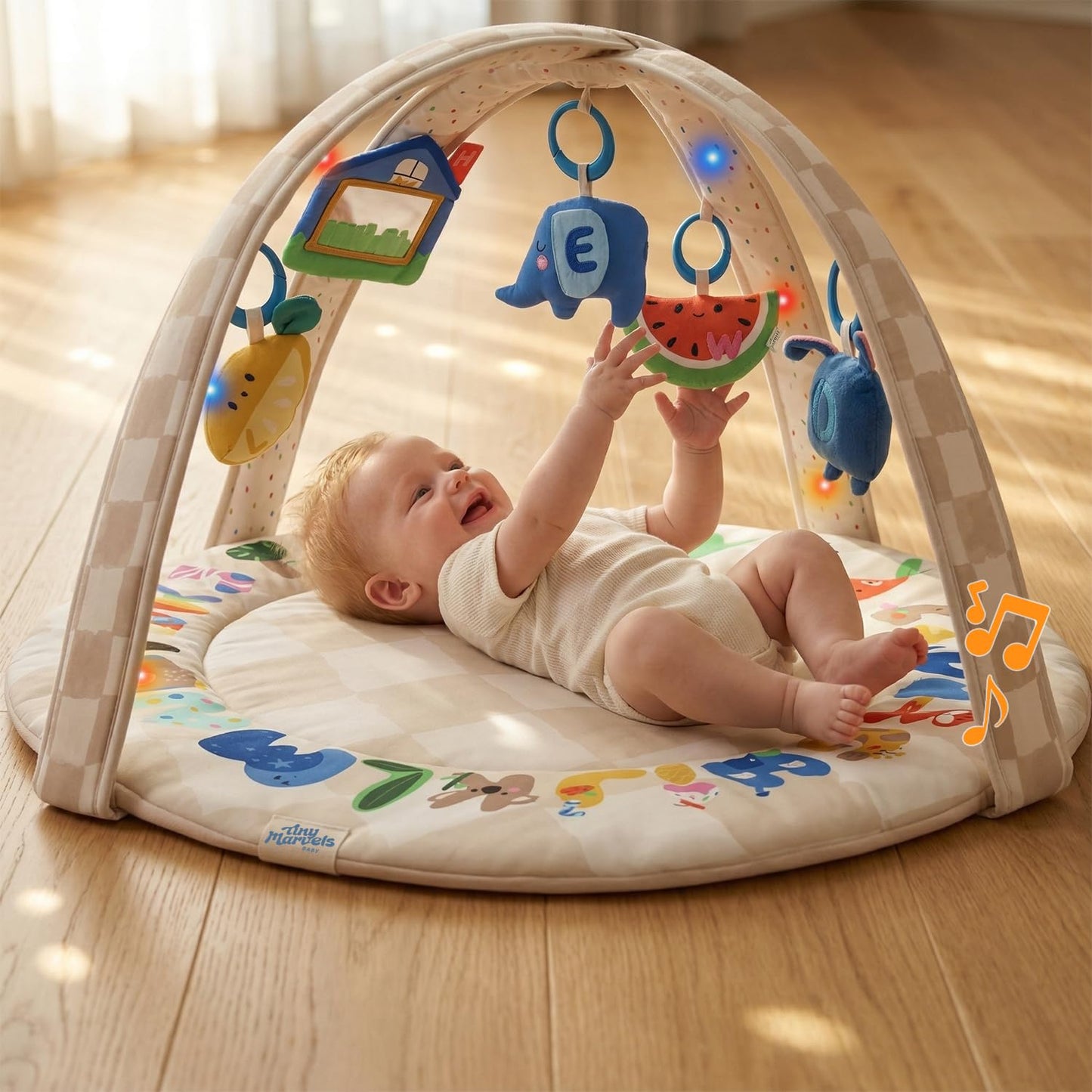 Baby Play Gym & Activity Mat with Light-up Musical Arch, Washable Tummy Time Mat with 6 Detachable Sensory Toys for Motor Skills, Baby Essentials Shower Gift - ABC123