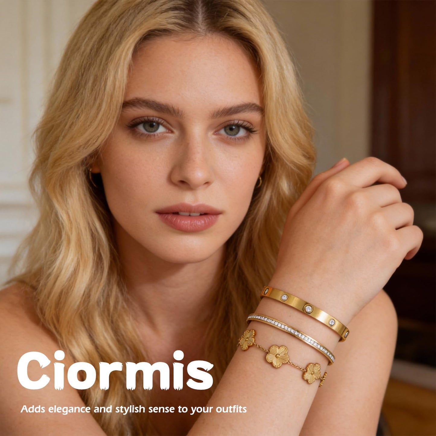 Ciormis 18K Gold Bracelet Stack, 3 Pcs Clover Nail Love Bangle Bracelets Set for Women Trendy Five Leaf Flower Jewelry Non Tarnish Gift Jewelry Braclets for Valentines Birthday Mother's Day Christmas