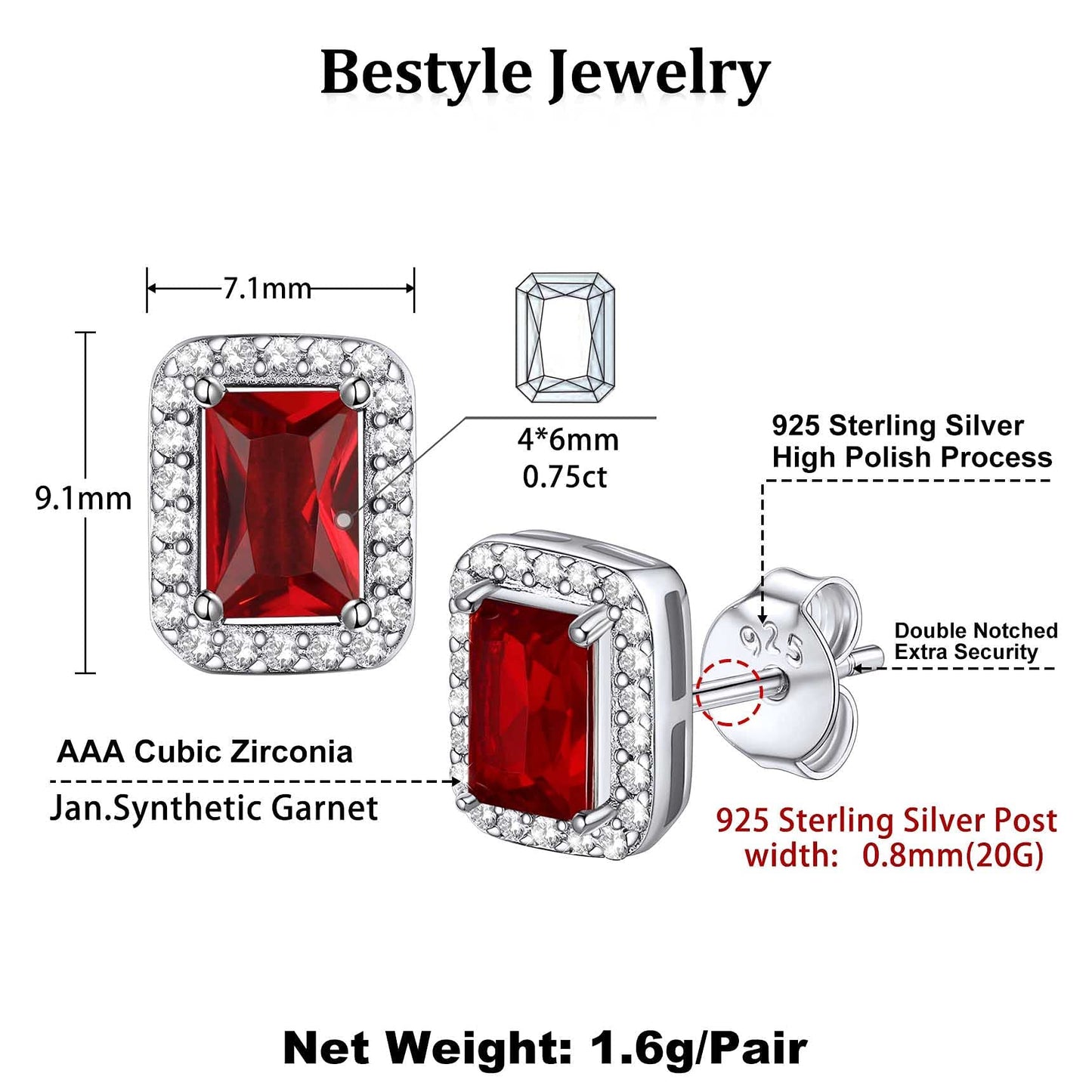 Bestyle 925 Sterling Silver Created Diamond Earrings Square Studs for Women, 5mm January Granet Birthstone Gem Earrings Illuminated by 1mm White Cubic Zirconia