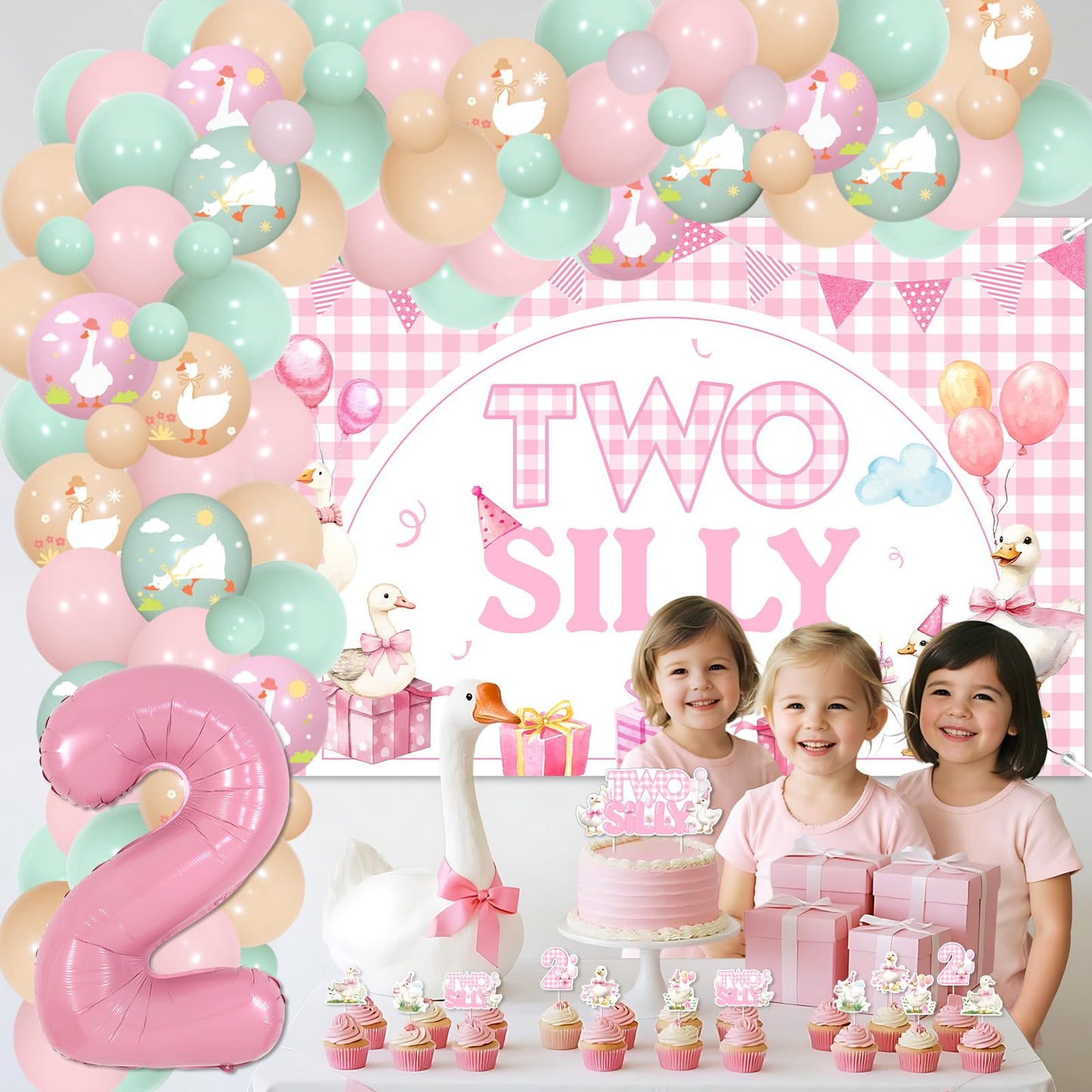 Two Silly Goose 2nd Birthday Decoration Little Goose Backdrop Gingham Cake Cupcake Topper Pink Green Apricot Latex Balloon Garland Arch Kit for Girl Farm Animal Second Birthday Party Supplies