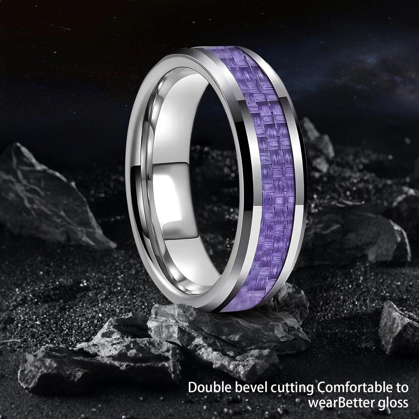 HJIMMNHONG New Carbon Fiber Fashion Rings Double Beveled Edge Delicate Polished Simple Stainless Steel Mens and Women Rings,8mm,Purple,Size 9