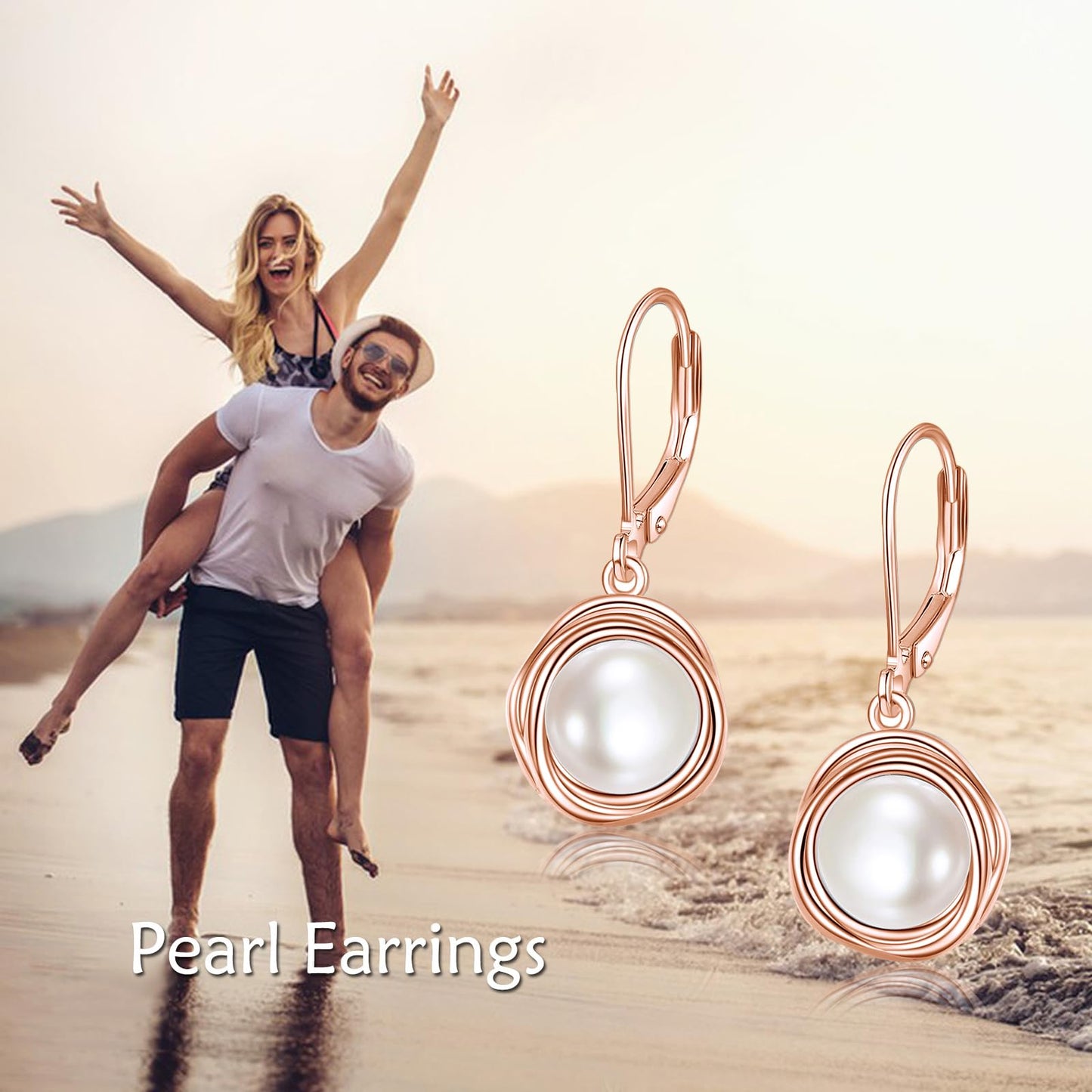 POPLYKE Pearl Dangle Earrings Rose Gold Plated 925 Sterling Silver Pearl Leverback Earrings for Women Birthday Gifts Hypoallergenic