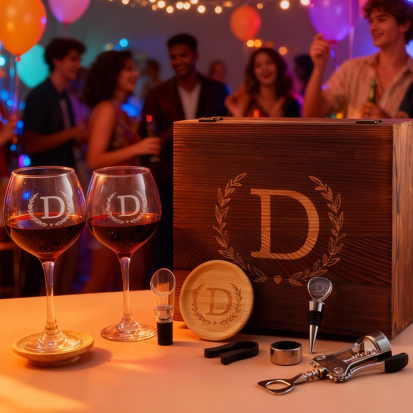 GZLDGIFTS Personalized Initial Wine Glasses Box Gift Set For Women Mom Engraved Birthday Monogrammed Wooden Christmas Gifts Wedding Anniversary Wine Couples Stopper Opener Initial Letterr (A Set)