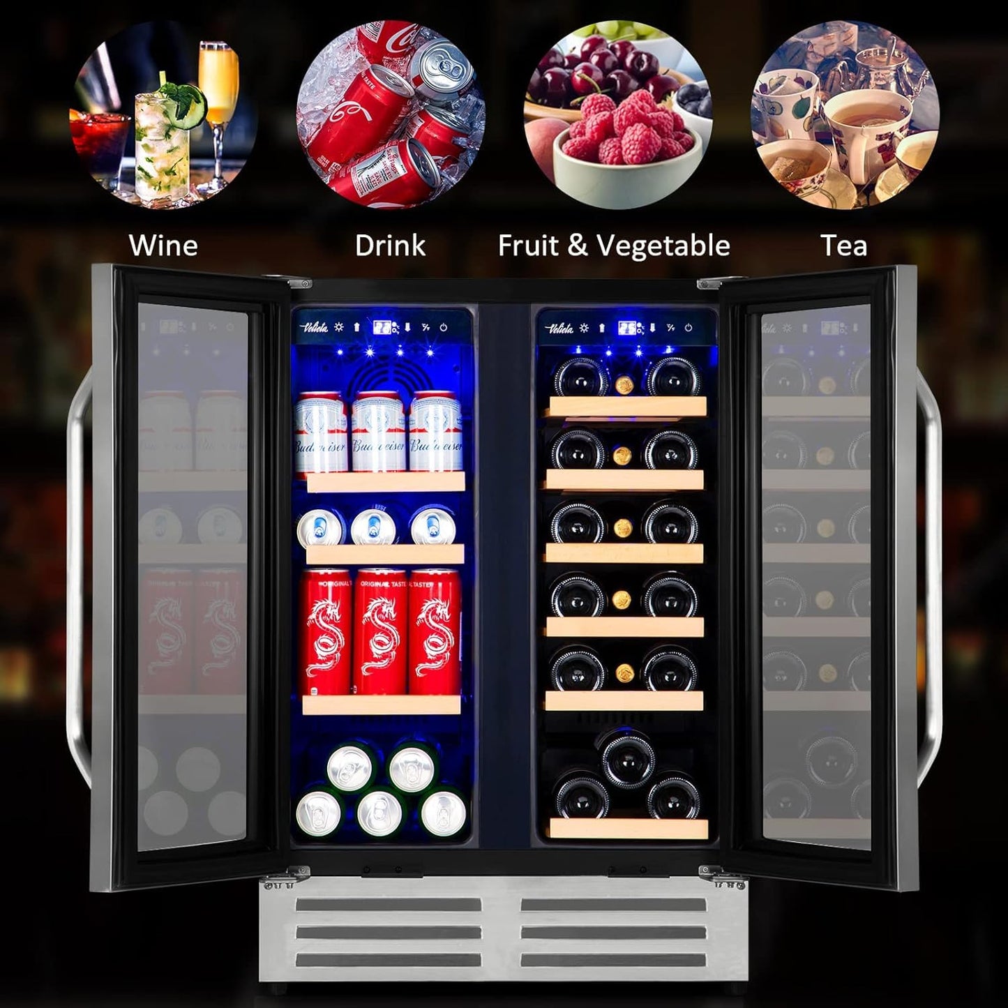 Velieta Wine and Beverage Refrigerator, 24 Inch Dual Zone Fridge with Glass Door, Built-In Cooler with Powerful and Quite Cool System/18 Bottles and 88 Cans Capacity Bverage Cooler