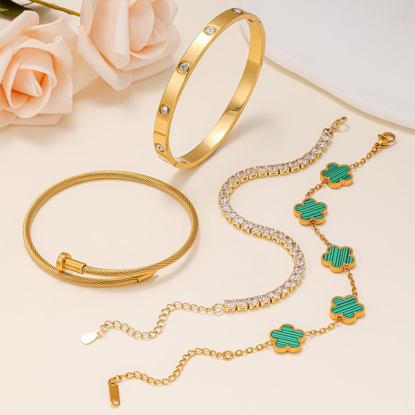 Gold Bracelets for Women, 18K Gold Plated Women Tennis Bracelets Clover Nail Love Bangle Bracelet Set, Gold Bracelet Stackable Set Trendy Jewelry, Gifts for Women's Day and Mother's Day (07-Color-green)