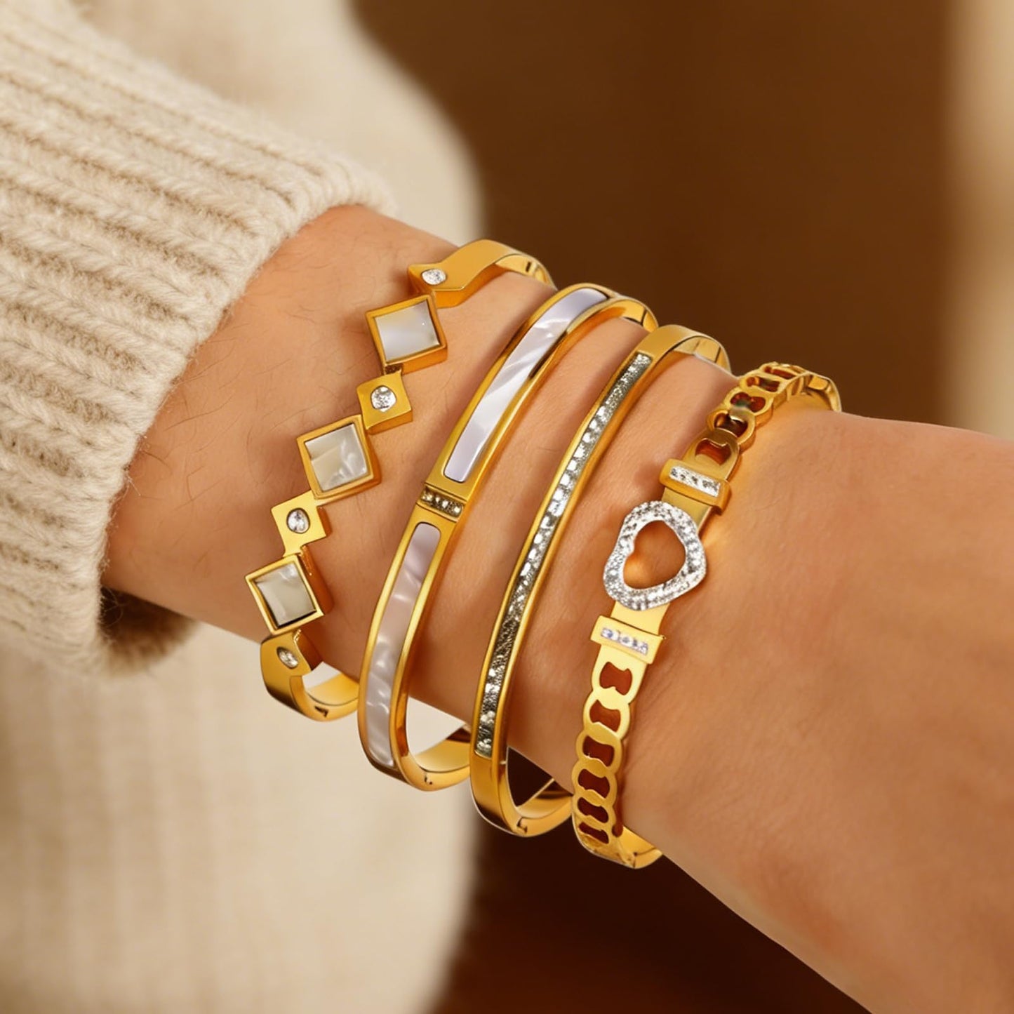 Stainless Steel Bangle Bracelet Set for Women - Gold Love Bangle Non Tarnish Jewelry with Sparkling Crystal Inlay for Love Gifts