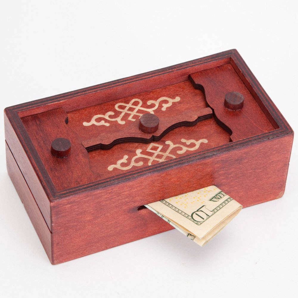 Bits and Pieces Secret Money Puzzle Box - Camouflage Your Cash Money Holder - Wooden Brain Teaser - Wooden Secret Hidden Compartment (Greek Puzzle Box)