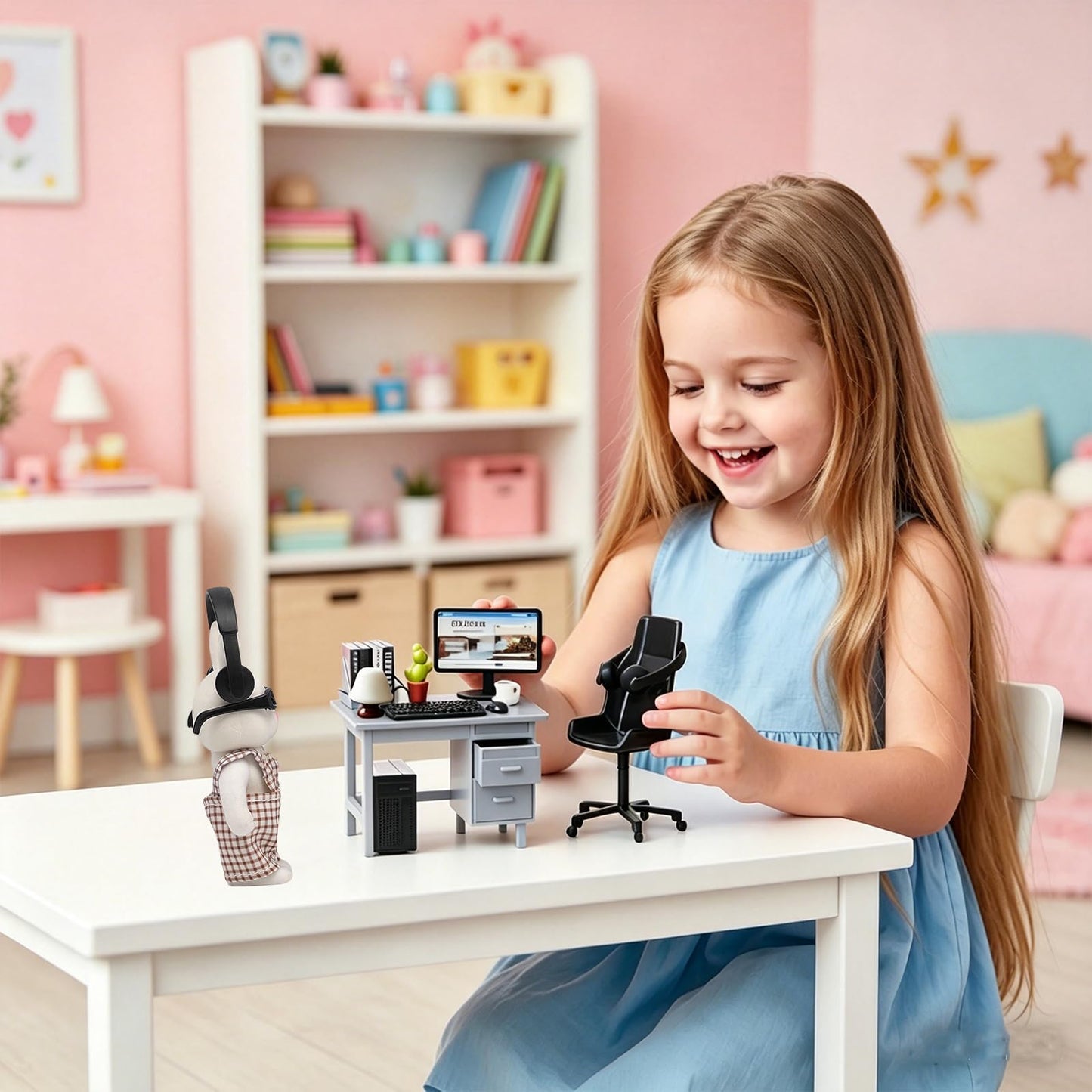 1:12 Scale Miniature Office Furniture Set for Dollhouse, Featuring a Desk, Chair,Flocked Rabbit, Computer, Bookshelves and Accessories, Suitable for Displaying Ideal Gifts