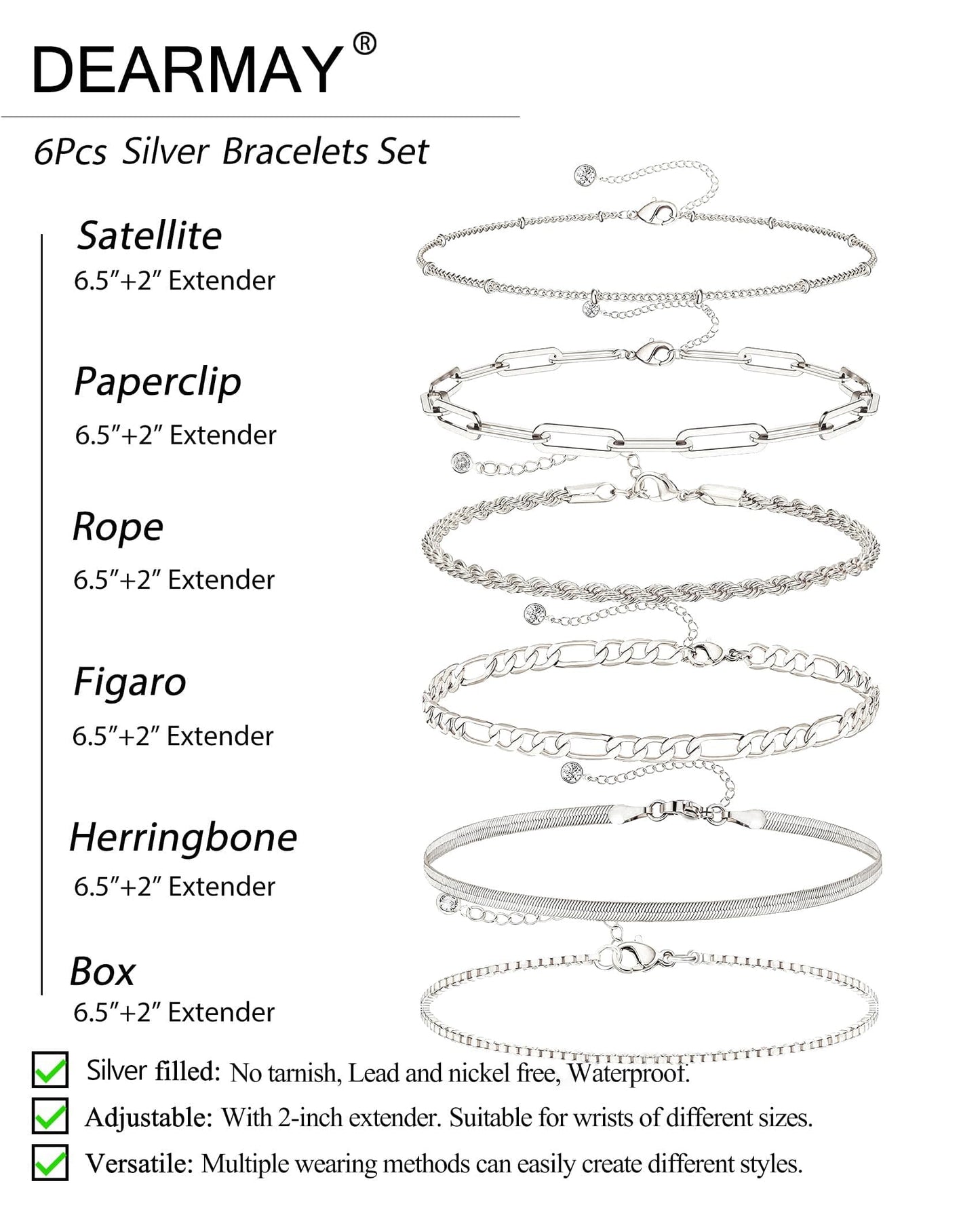 DEARMAY Dainty Silver Plated Bracelets for Women Trendy, Silver Jewelry Set Paperclip Box Herringbone Figaro Rope Chain Bracelet for Women Fashion Pack Gifts