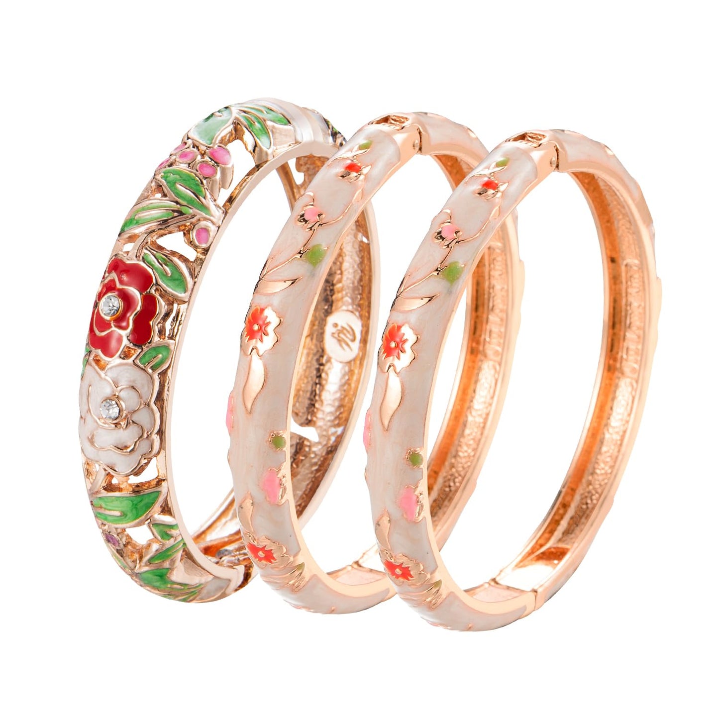 UJOY Women Cloisonne Bracelet Multi-Colors Gold Plated Rhinestone Flower Hollowed Enameled Hinged Cuff Bangles Jewelry Gift 88A10-3PCS Cream White