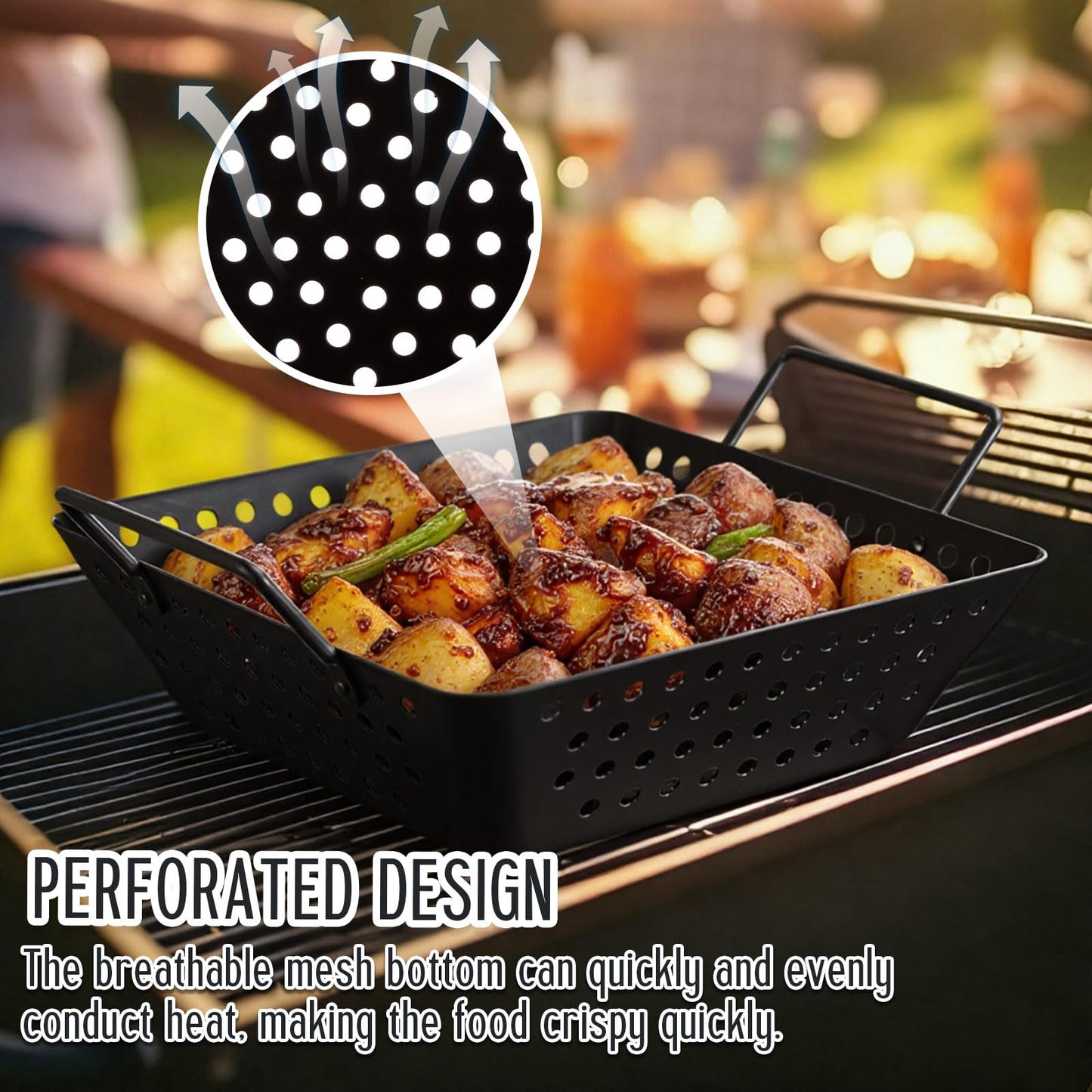 Teecyhooo 3 Pack Grill Topper Pans for Outdoor Grill, Stainless Steel Vegetables BBQ Grilling Basket with Holes Handles, Nonstick Barbecue Pan Grilling Gifts for Camping Picnic Cooking Seafood Meat