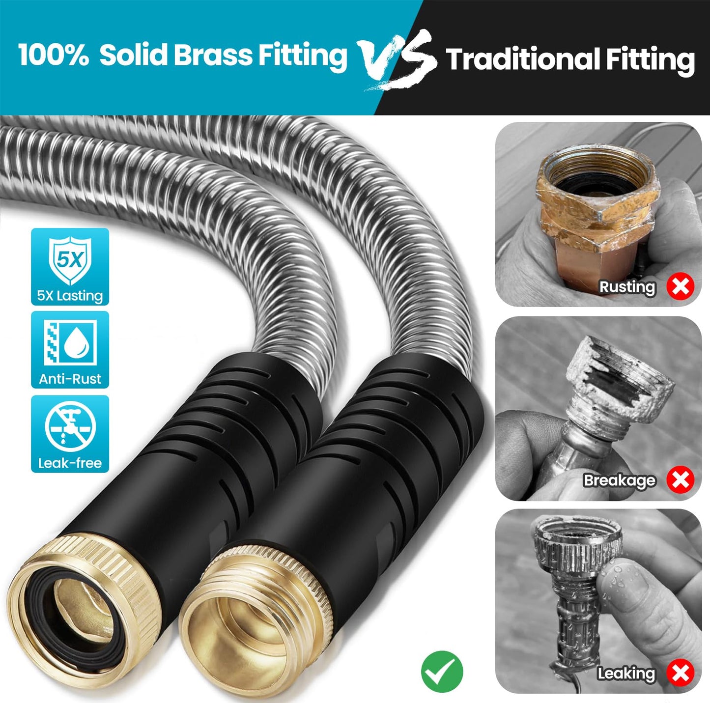 Garden Hose 50FT, Water Hose with 10 Function Nozzle, Garden Hose Metal with Leak-proof Connectors, No-Kink, Lightweight, Puncture-proof, Pet-proof, Sturdy, Hose for Outdoor, Yard