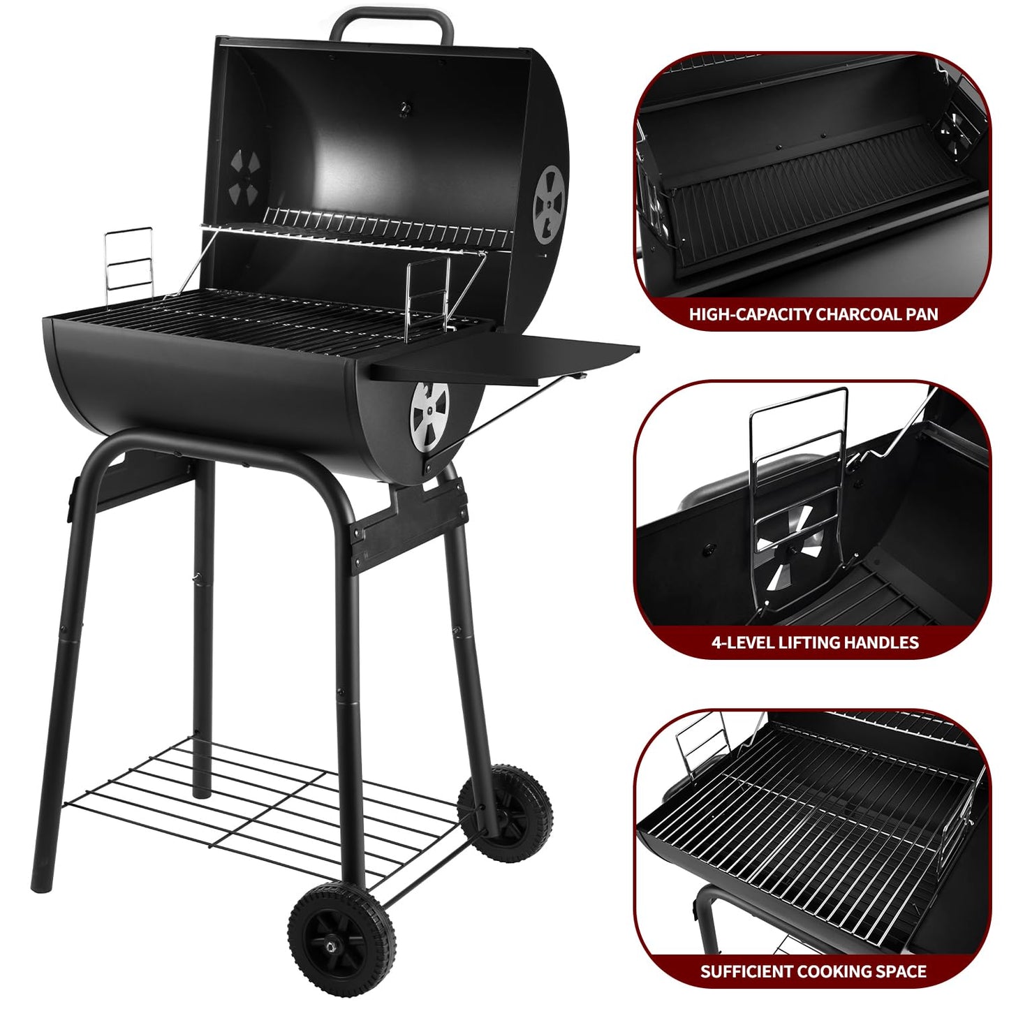 Charcoal Grill Outdoor BBQ Grill, Barrel Charcoal Grills with Side Table, with Nearly 500 Sq.In. Cooking Grid Area, Outdoor Backyard Camping Picnics, Patio and Parties, Black