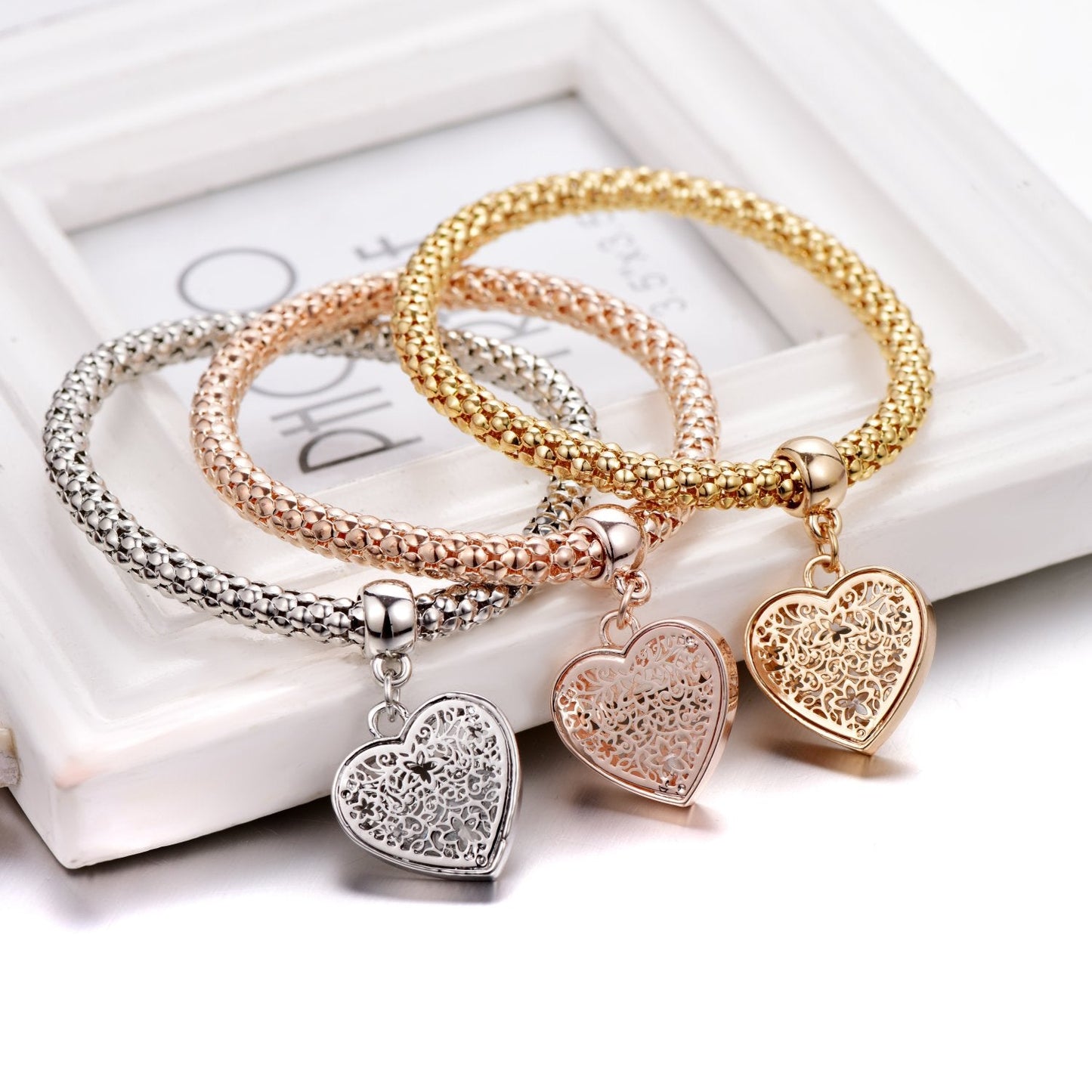 SILANER Crystal Charms Multilayer Bracelets - 3PCS Gold/Silver/Rose Gold Corn Chain Bracelet for Women, Tree of Life Heart Shaped Stretch Bracelet (Heart Charm Bracelets)