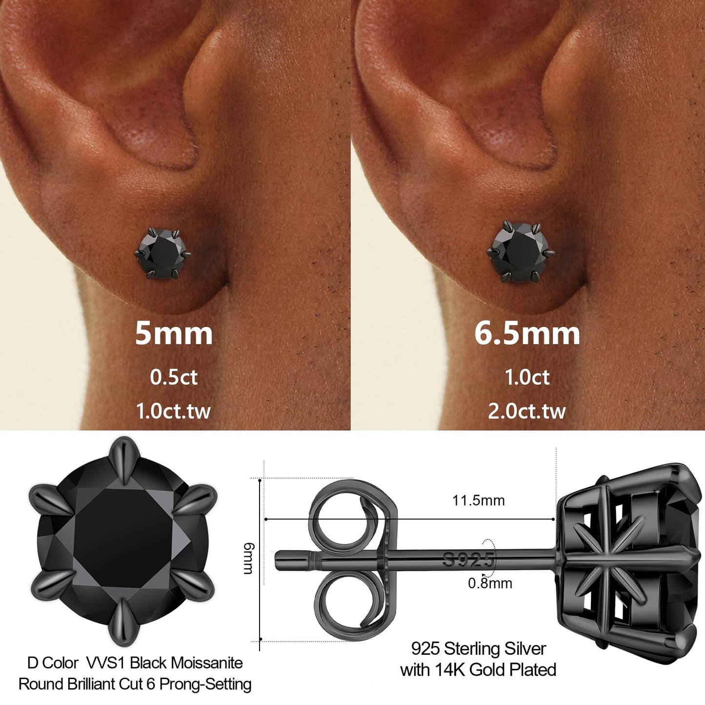KRKC Black Moissanite Stud Earrings for Men, Lab Created Diamond Earrings, D Color VVS1 Clarity, Vermeil 925 Sterling Silver Hypoallergenic 14K Black Gold Friction Back Earrings Jewelry for Men Women Gift