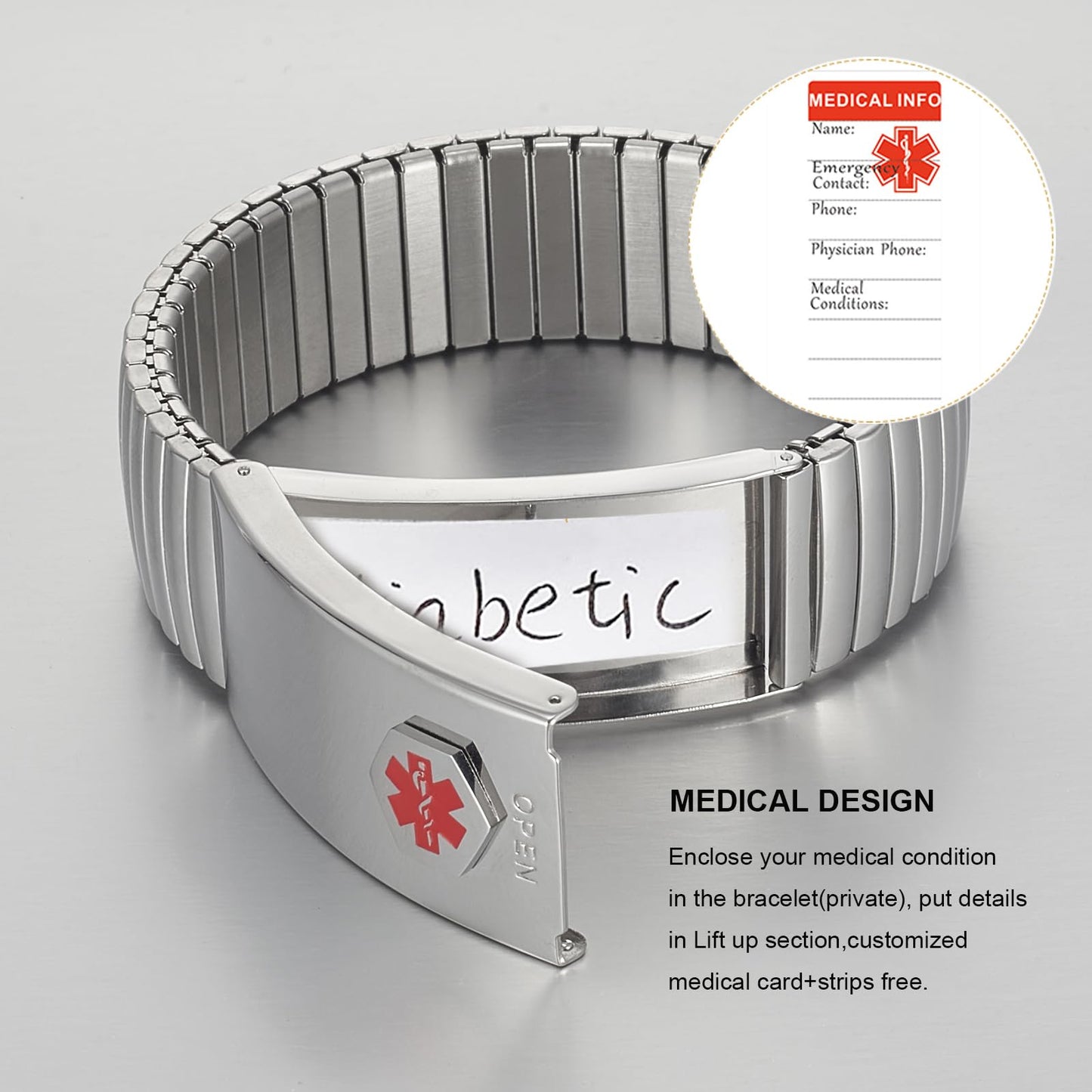 EnerMagiX Medical Alert Id Bracelet for Men Women, Silver Stainless Steel Elastic Medical ID Bracelet for Diabetes, Allergies, Epilepsy, Penicillin, Writeable Cards