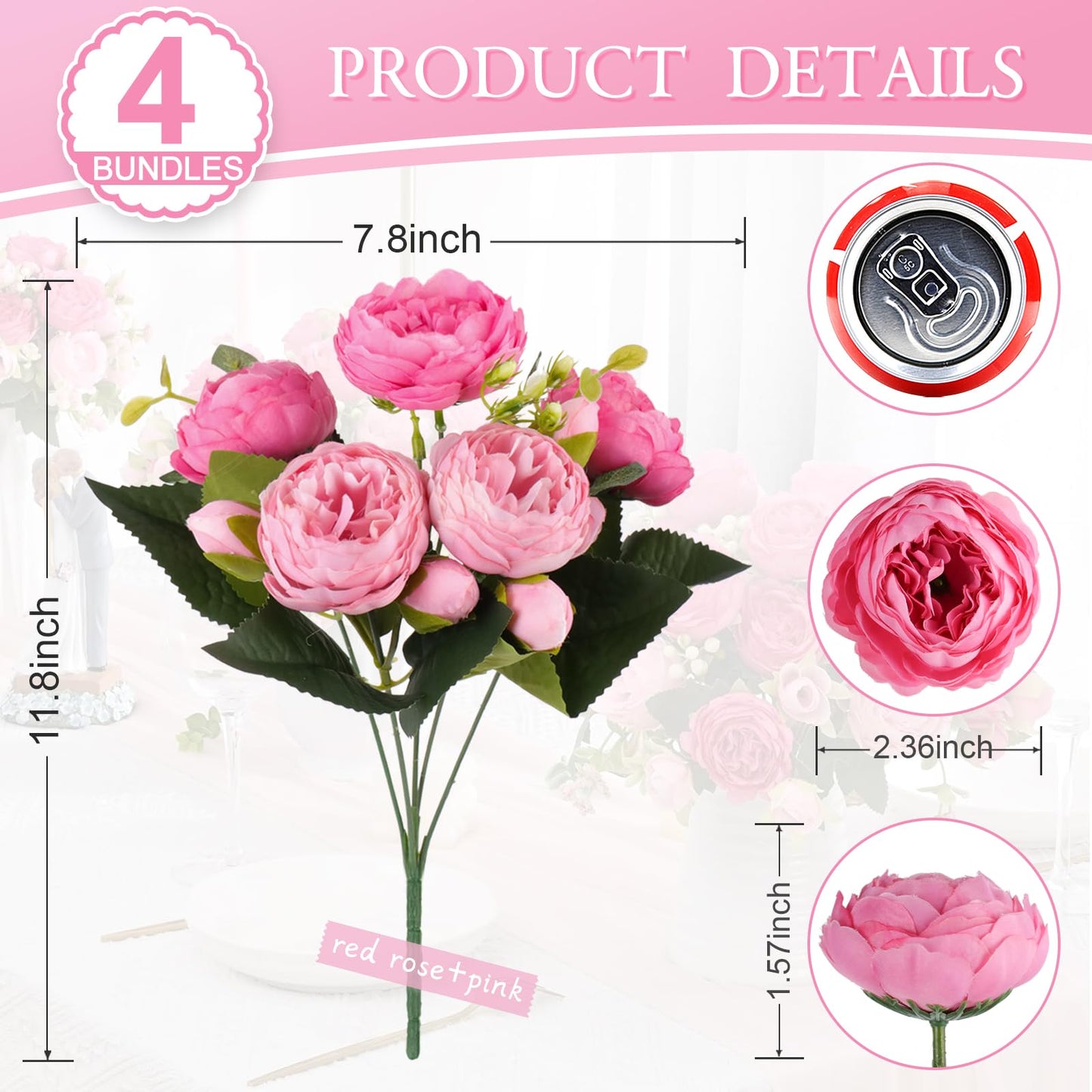 DEEMEI 4 Bundles Peonies Artificial Flowers, Fake Silk Peonies Bouquet of Flowers for Home Decor Faux Floral Table Centerpieces for Kitchen Bathroom Wedding Party Decor(Rose Red+Pink)