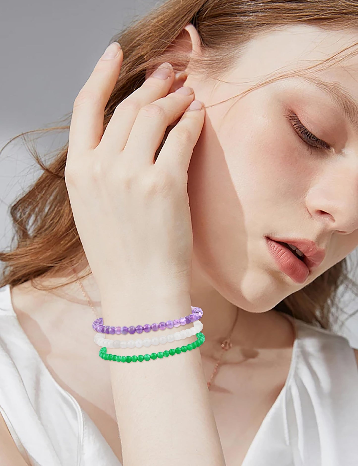 CMBYN 3-Pieces 4mm Natural Crystal Gemstone – ﻿Amethyst, Green Jade, White Jade Handmade Reiki Energy Healing Stretch Bracelets Jewelry for Yoga, Meditation, Unisex