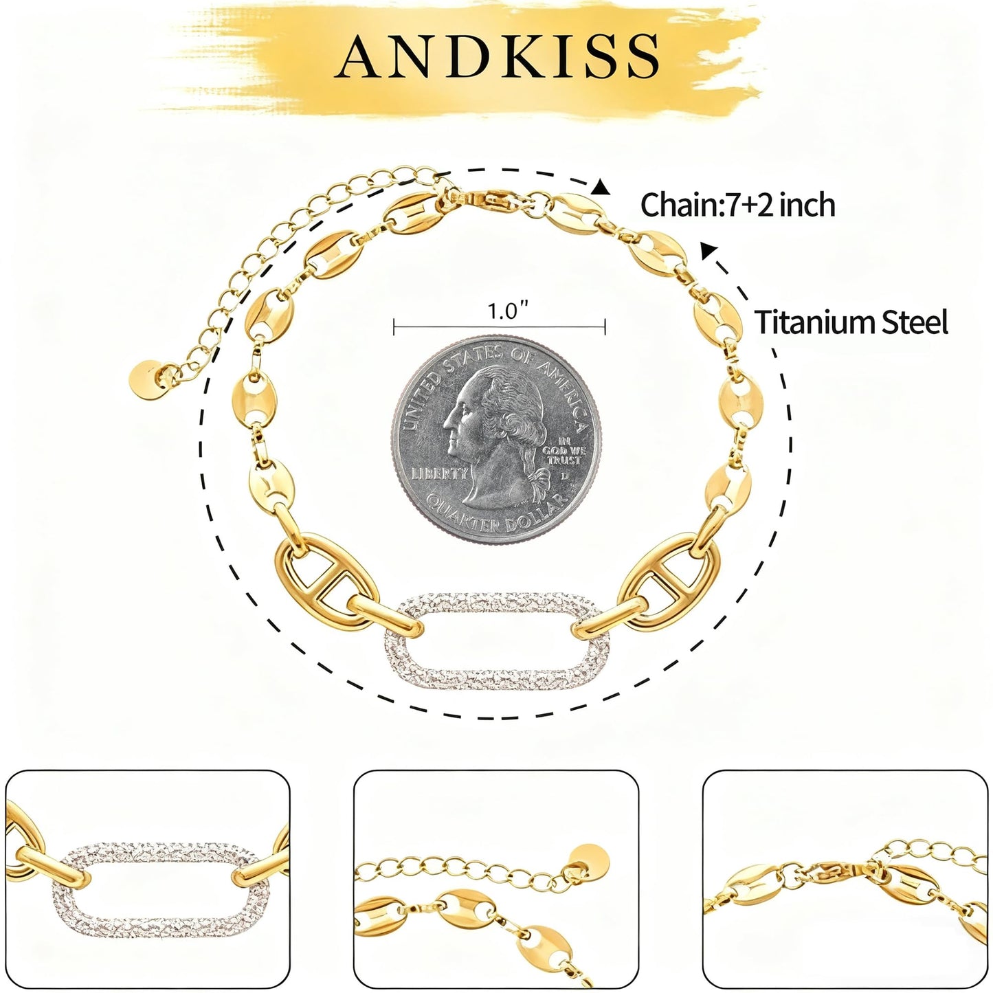 ANDKISS 18K Gold Bracelets for Women, Adjustable Waterproof Non-Tarnish Titanium Chain with Pavé AAA+ CZ Accent, Dainty Gold Plated Paperclip Bracelet Jewelry Valentine's Day Gifts