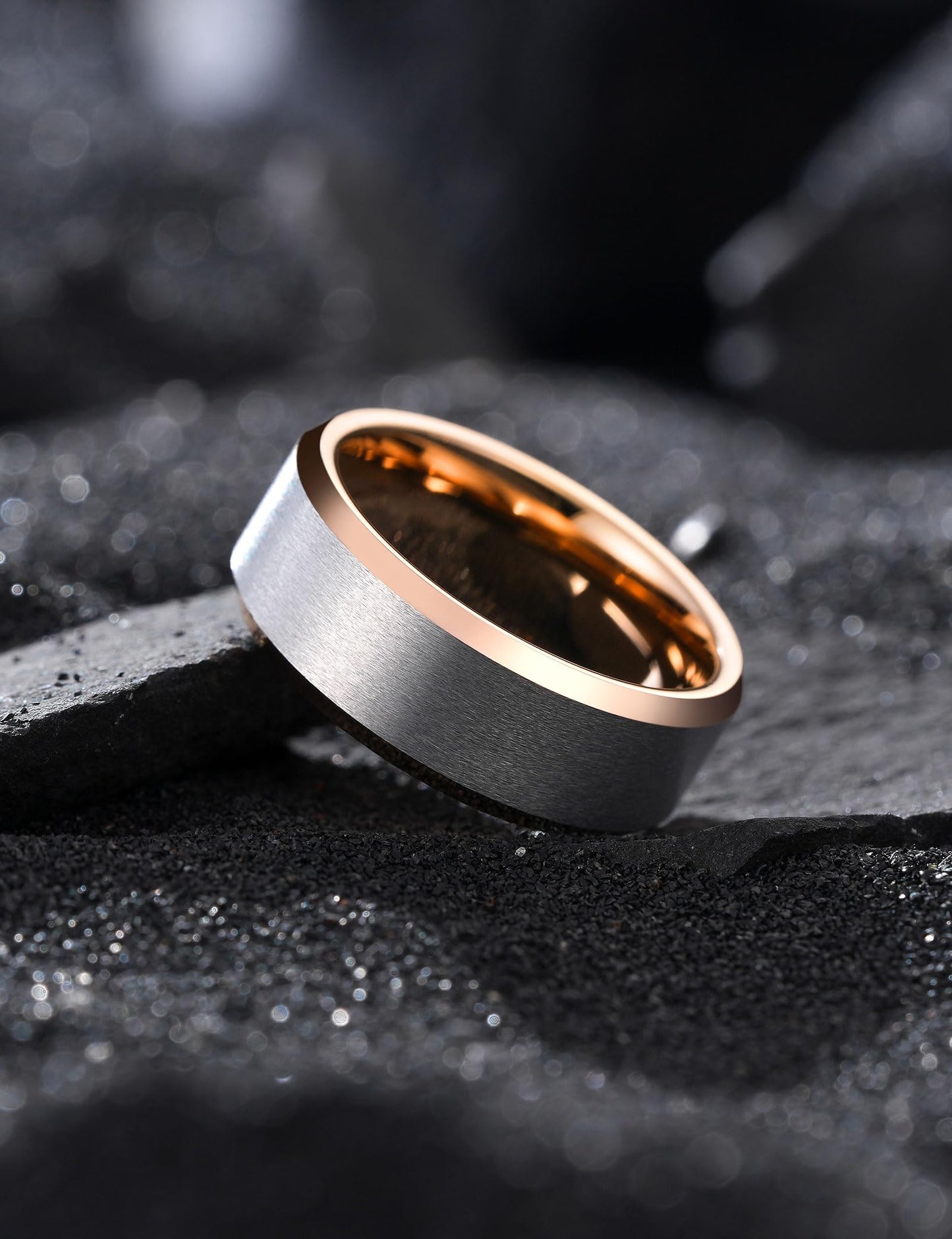 King Will 8mm Classic Tungsten Rings for Men Two-Tone Mens Wedding Bands Simple Engagement Promise Ring Matte Brushed Beveled Edges Comfit Fit Durable, Silver & Rose Gold Plated Size 13
