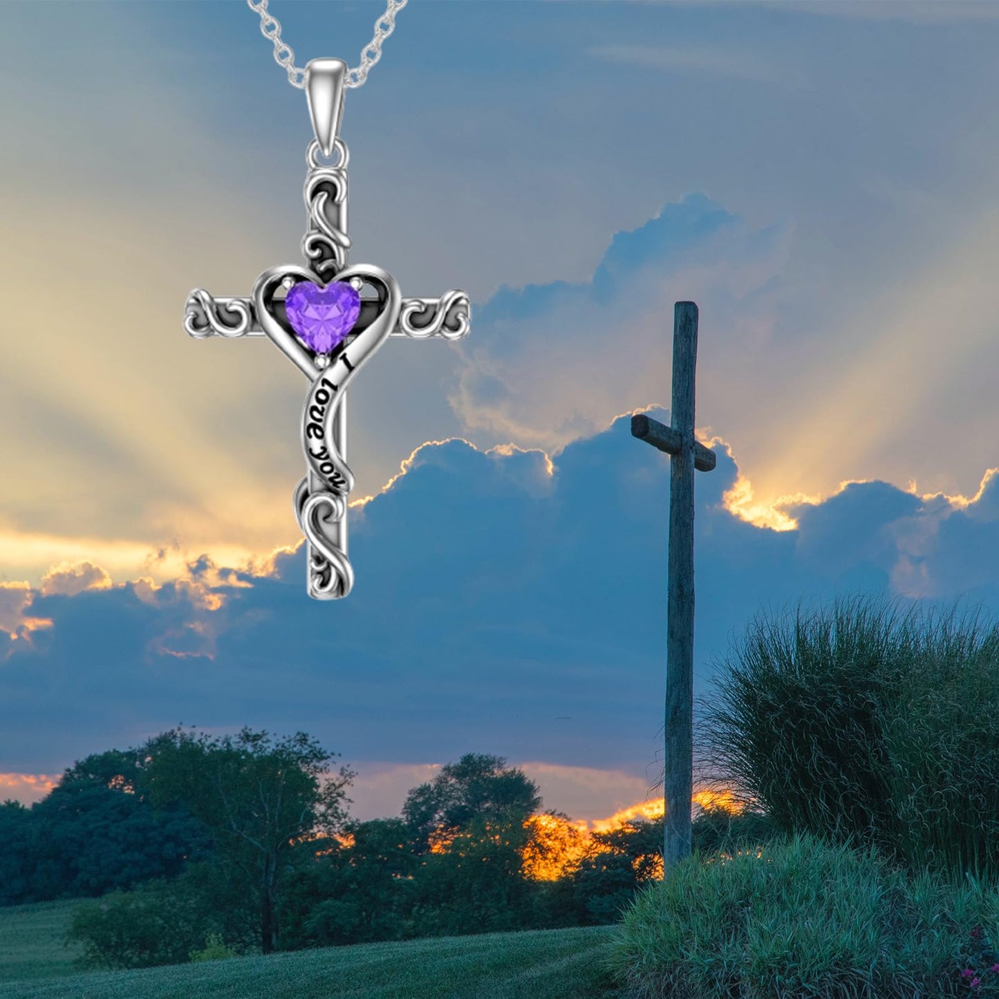 TOUPOP Amethyst Cross Necklace for Women Sterling Silver February Birthstone Cross Pendant Necklace Heart Love Jewelry for Her Girlfriend Wife Mom Anniversary Birthday Mothers Day Gifts