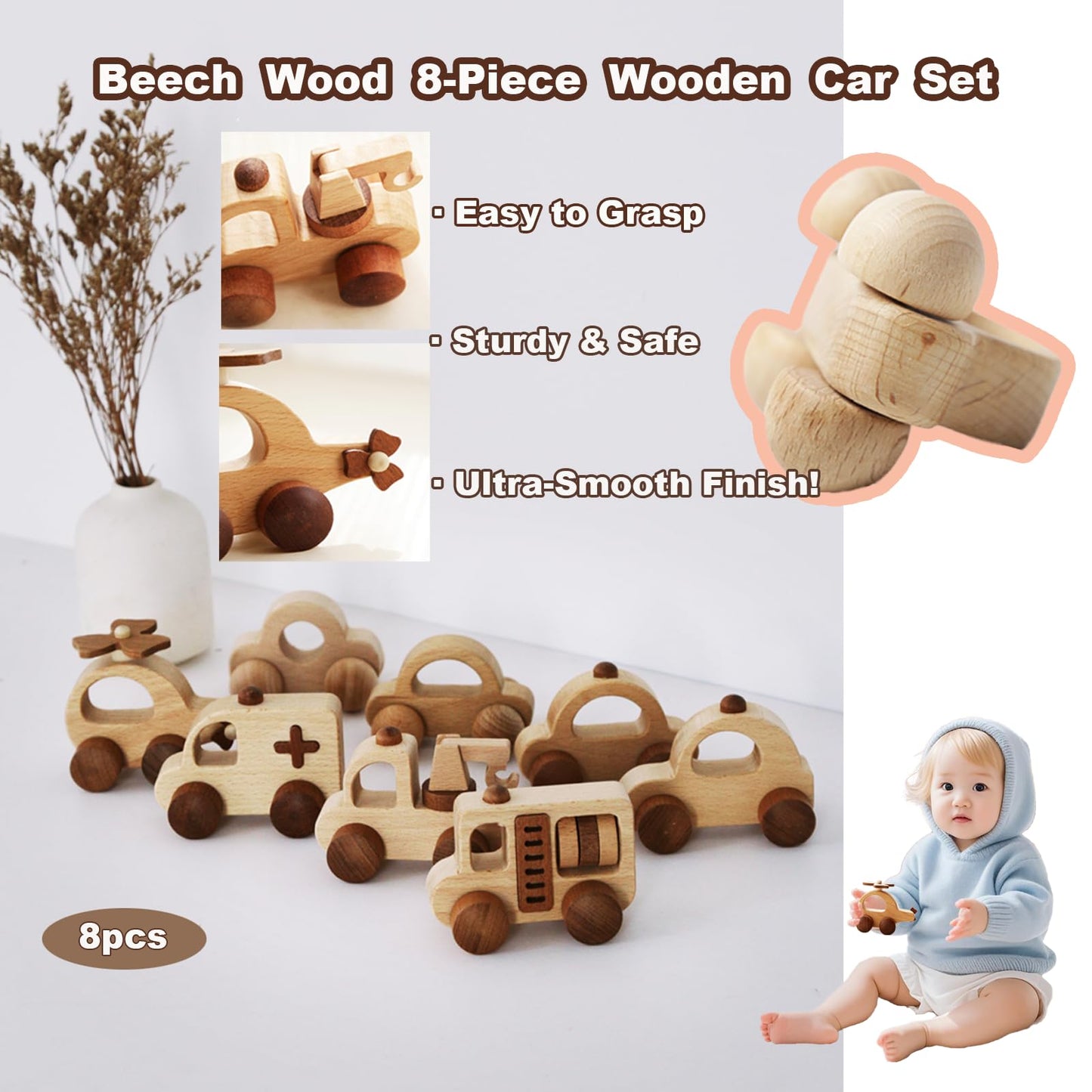 OKULLYSH 8PCS Wooden Toy Cars Set Montessori Push and Pull Baby Toys for 1-3 Years, FSC Certified Non-Toxic Wooden Cars for Toddlers, First Birthday Gifts for 1 Year Old Boy Girl