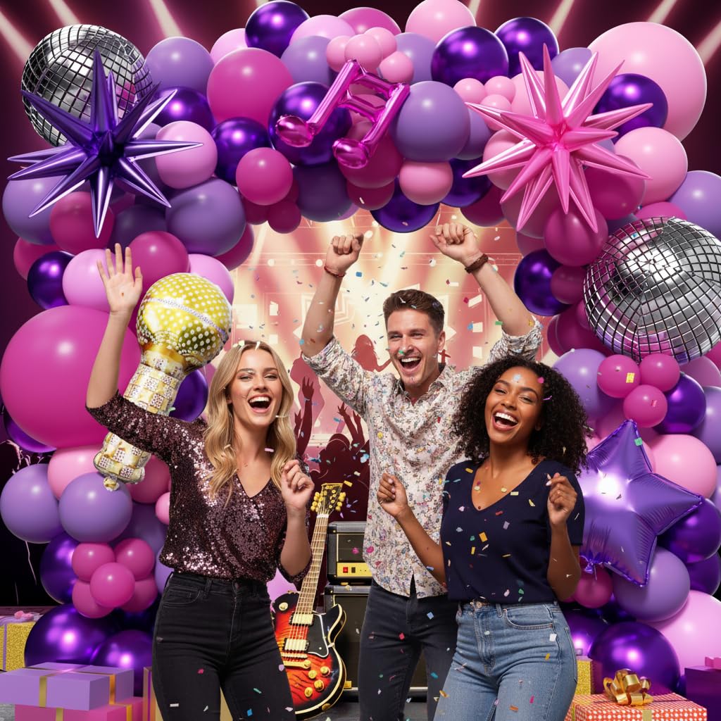 PTGOLUO K-Pop Music themed Birthday Decorations 160Pcs, Hot Pink Metallic Purple Balloon Garland Arch Kit with Disco Notes Star Foil Balloons for Girls Fans Birthday Grad Prom Princess Party Decor