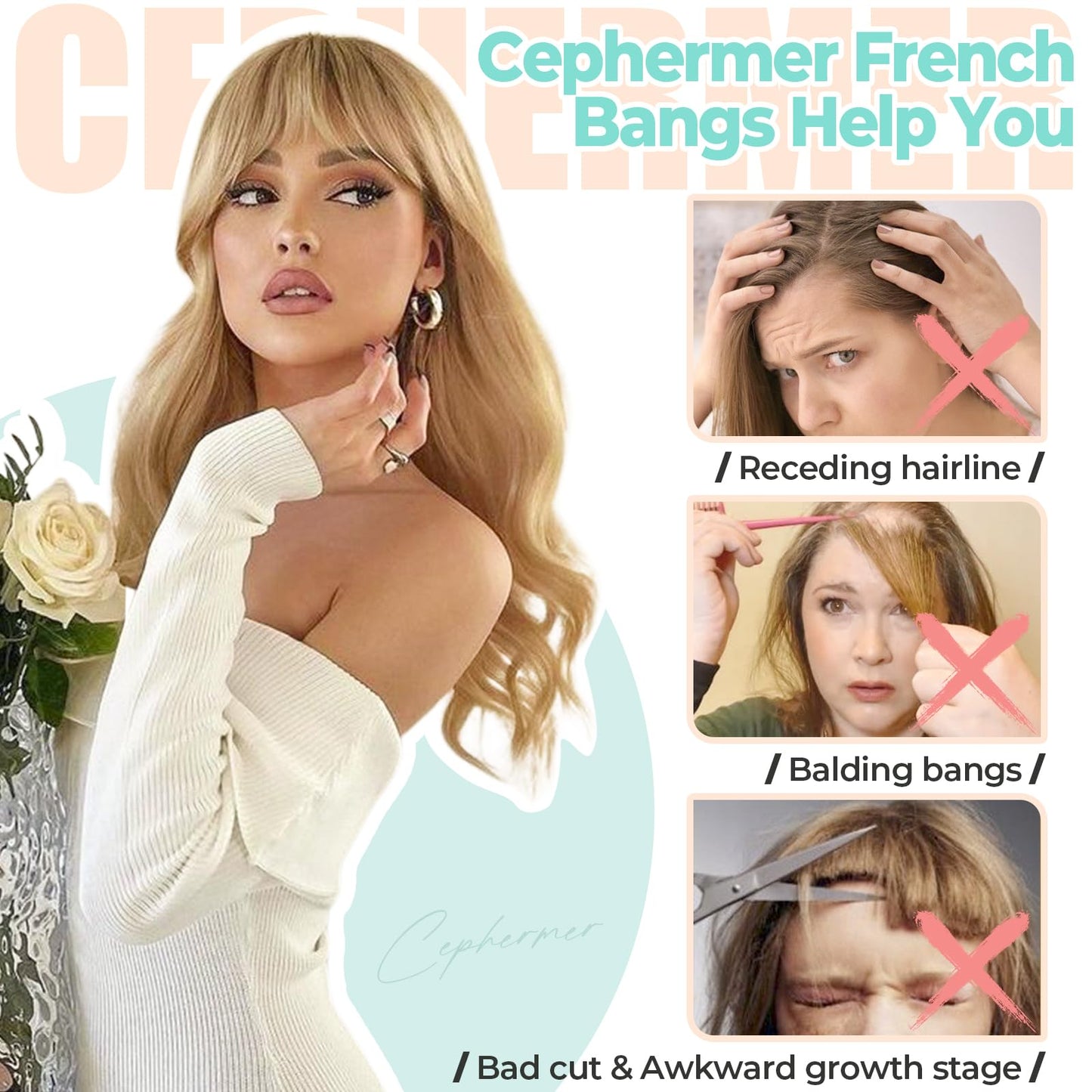 Cephermer Clip in Bangs, Synthetic French Bangs Hair Clip, Fake Bangs Fringe with Temples Hairpieces for Women Natural Curved Hair Extensions for Daily Wear Natural Black