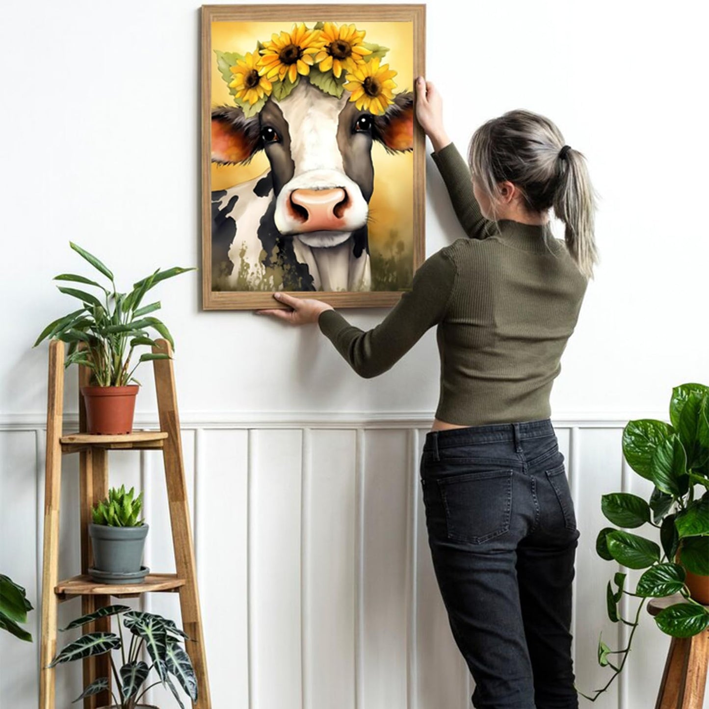 HMDIIMGE DIY Black and White Cow Sunflower Wreath Diamond Painting Kit for Adults, 5D Gems Diamond Art Kit, Stick Corresponding Diamonds in Number Order, for Home Bathroom Wall Decor 12x16 inch