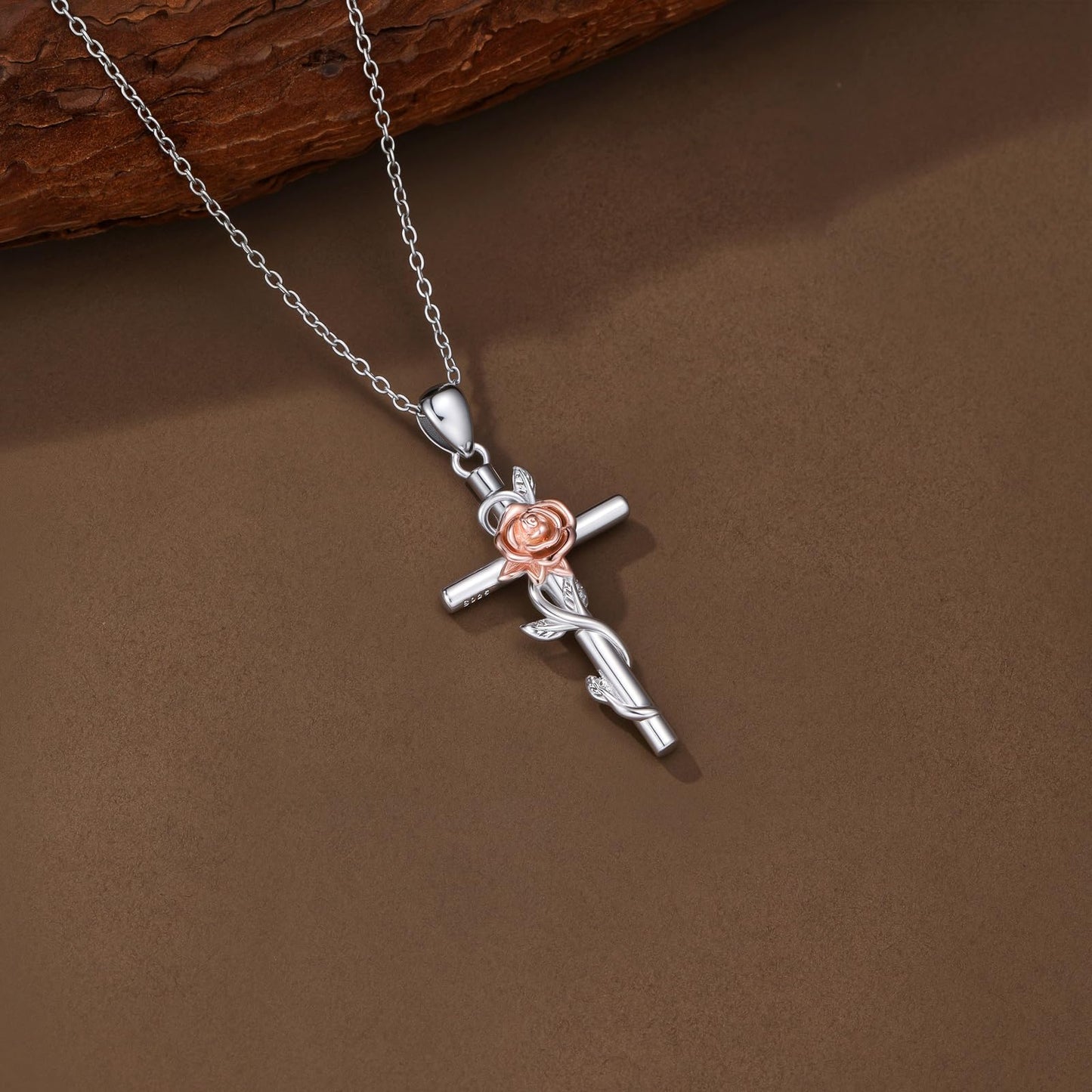 YYB Rose Cross Necklace for Women 925 Sterling Silver Rose Jewelry Dainty Silver Cross Necklace Christian Religious Gifts for Women Mothers Day Gifts