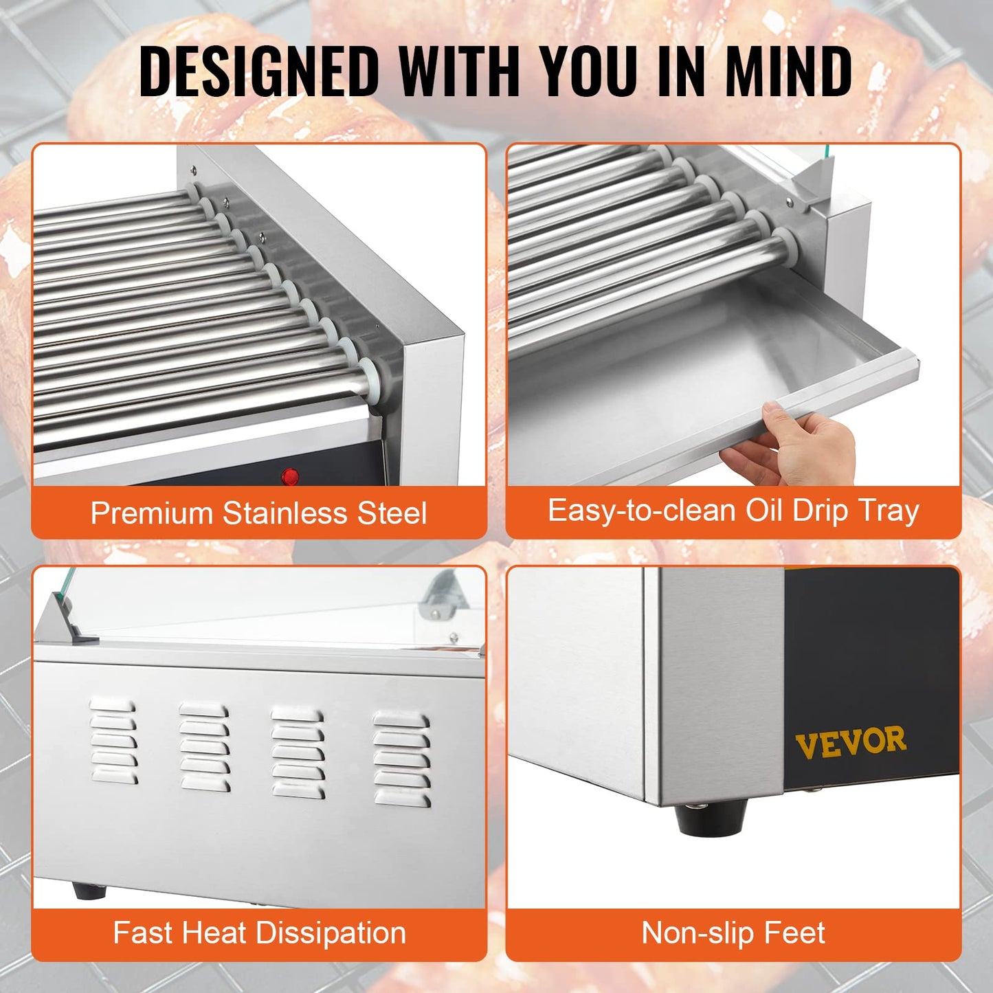 Happybuy Hot Dog Roller, 11 Rollers for 30 Hot Dogs, 1650W Stainless Sausage Grill with Dual Temp Control & Acrylic Cover