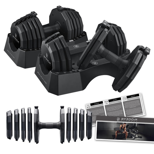 BYZOOM FITNESS Classic Series 50/55LB Adjustable Dumbbell Pair Set of 2, 5-in-1 OR 15-in-1 Patented Secure System, Solid Cast Iron Core, Iconic 12-Sided Polygonal Anti-Roll Base, Professional Heavy Weight for Men and Women, Black (50LB Pair Black)