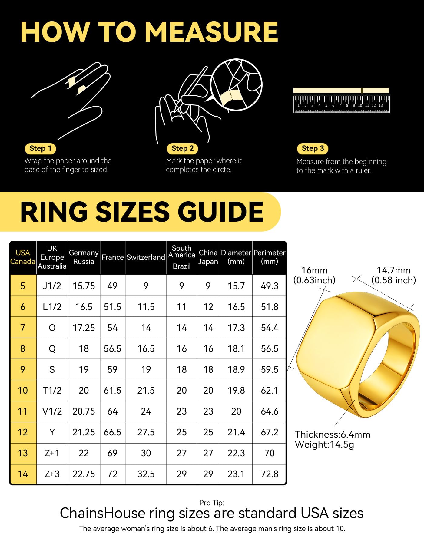 ChainsHouse Signet Biker Rings Solid Polished 18K Gold Cool Finger Ring for Men, Size 13