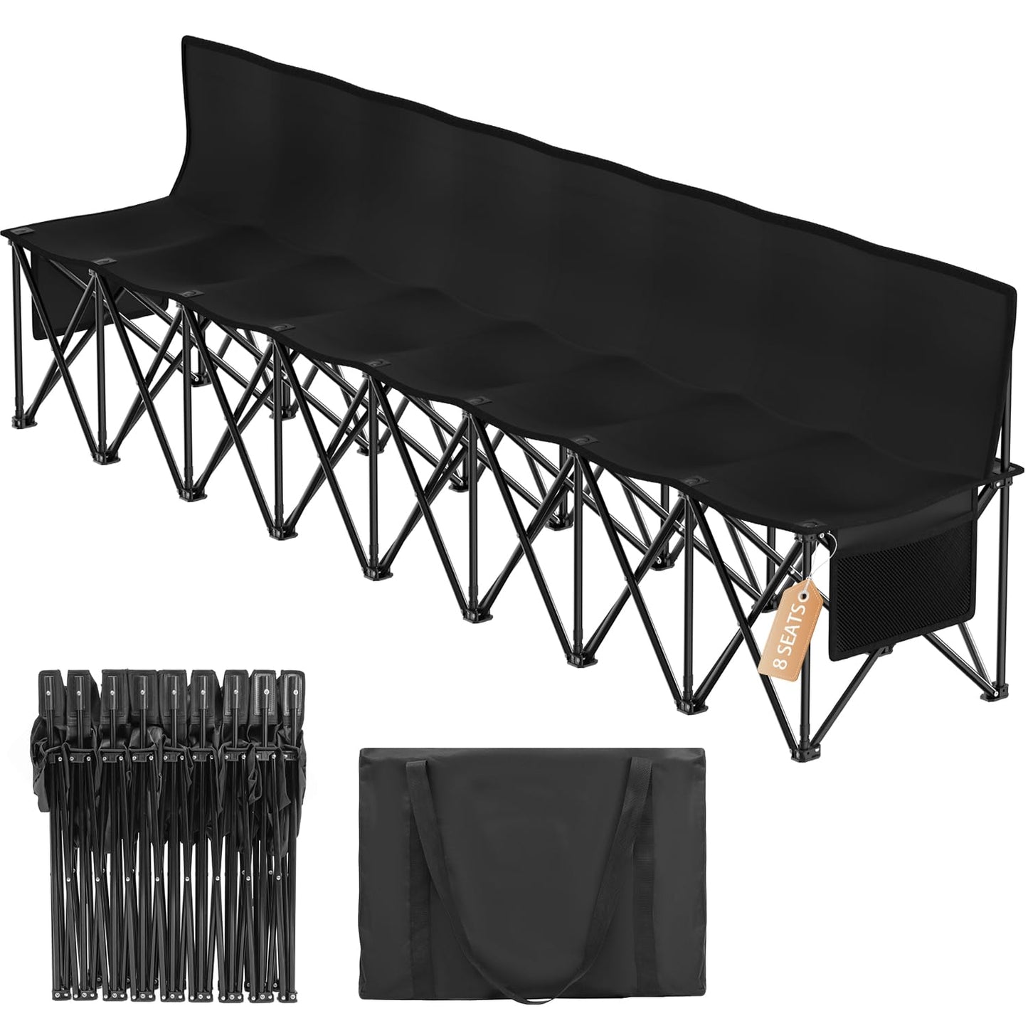 Suteck 8-Seat Folding Bench Seat–Portable Team Bench Soccer with 17.3"x 17.3" Individual Seats, 600D Oxford Fabric & Side Pockets, Heavy Duty Outdoor Bench for Sports, Camping, Patio & Park Events