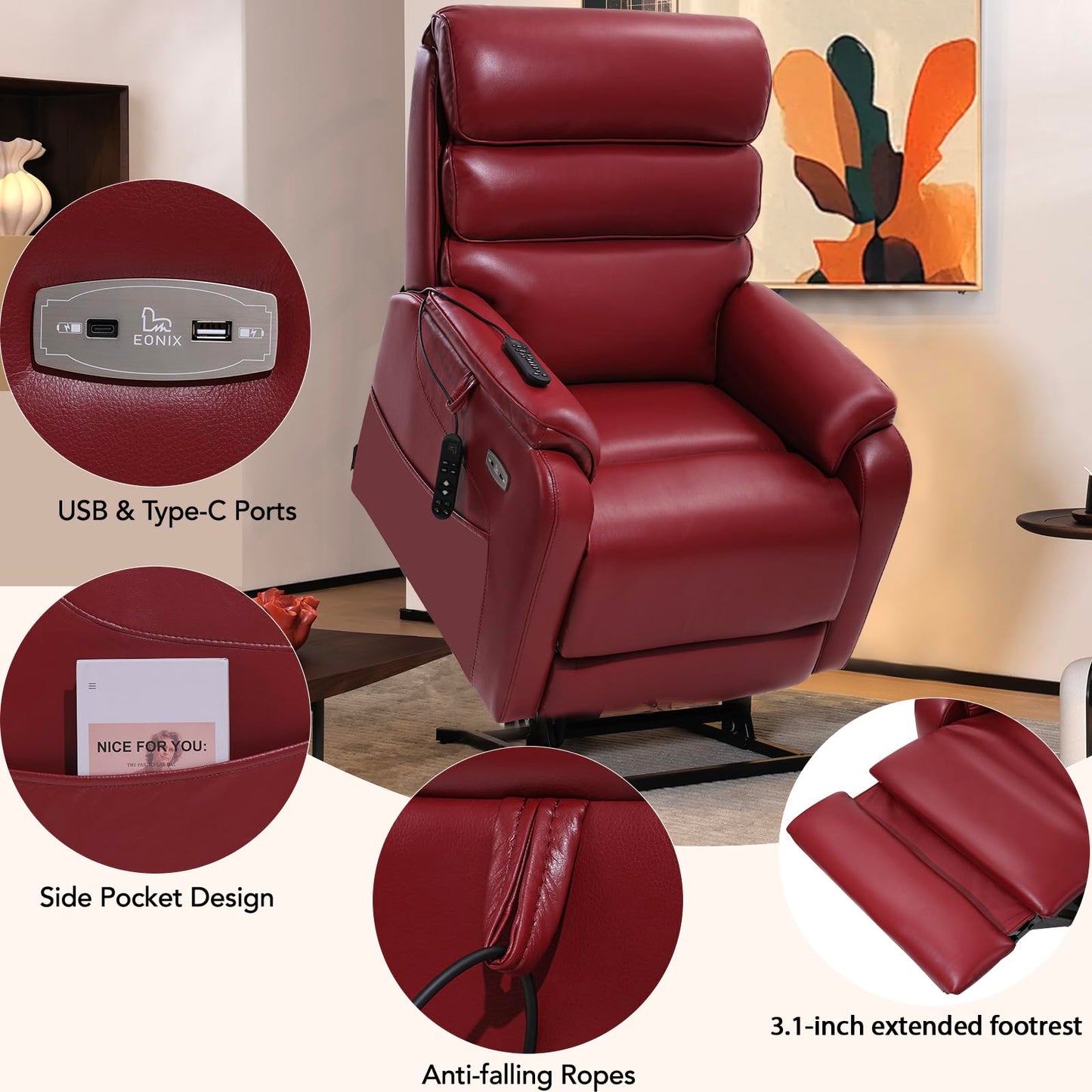 EONIX Dual Motor Lay Flat Power Lift Recliner Chair for Elderly, Breathable Faux Leather Electric Lift Chairs for Adults, 400lbs Heavy Duty Power Recliner with Heat and Massage, SLRY003061, Burgundy