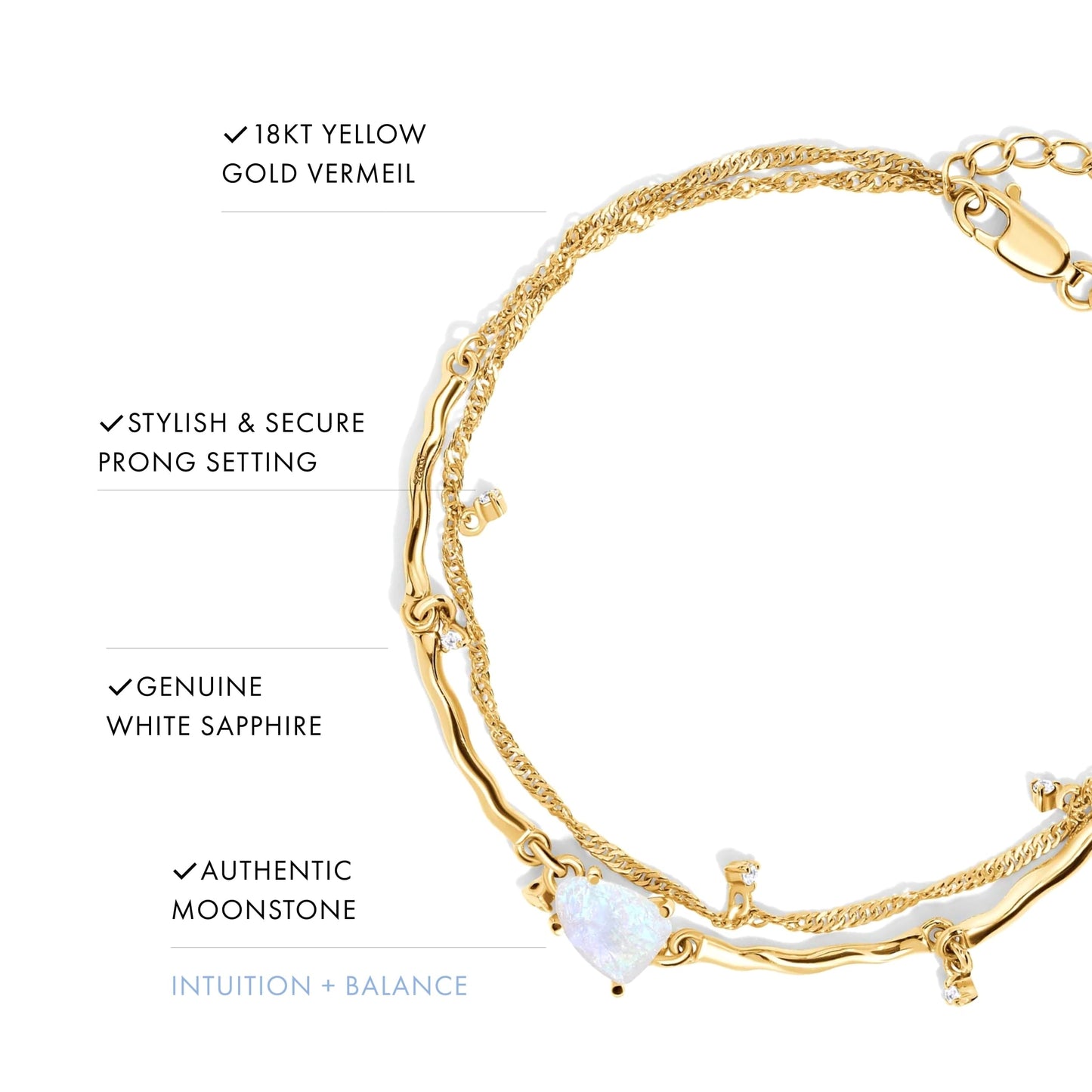 Moon Magic Moonstone Bracelet for Women | Black Obsidian, Rose Quartz Bracelet/Real 925 Sterling Silver | 18k Rose & Yellow Gold Rainbow Genuine Moonstone Jewelry for women | June Birthstone Bracelet