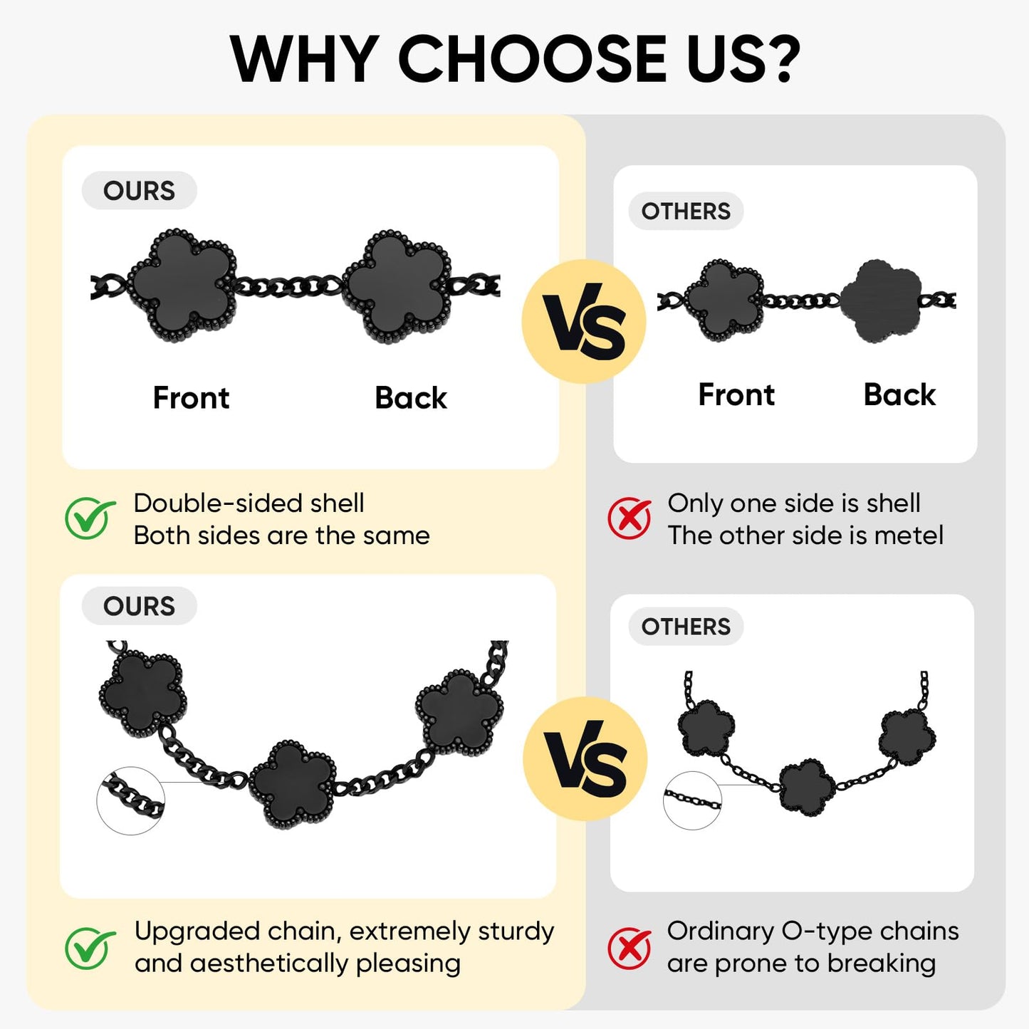 VNOX 2 PCS Floral Bracelets for Men Women -Womens Mens Stainless Steel Black Cuban Chain Link Bracelet Lucky Charm Four Clover Flower Bracelets Trendy Jewelry Gifts，B01