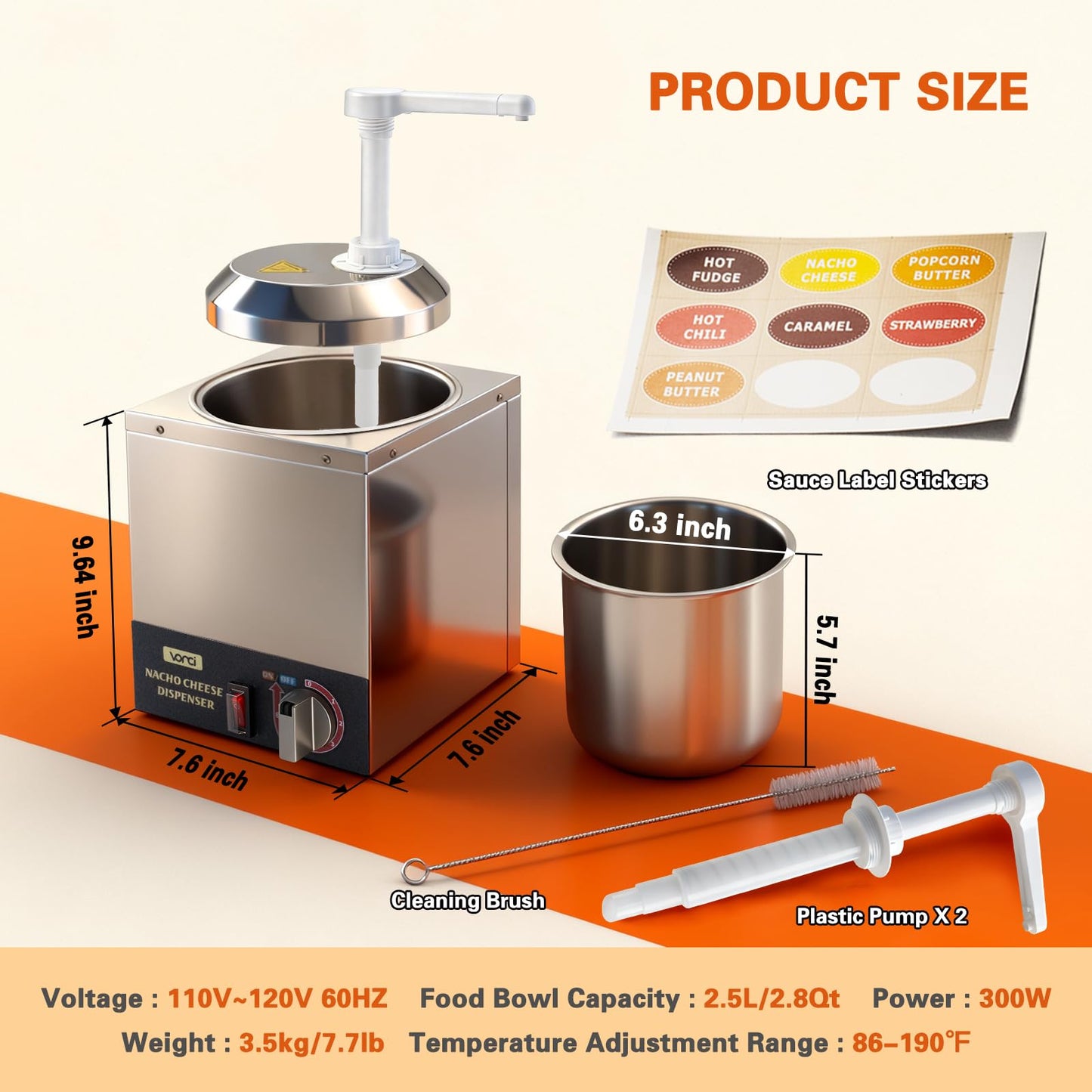 VONCI Nacho Cheese Dispenser, 2.8 Qt（2.5L） Nacho Cheese Warmer with Plastic Pump, Hot Fudge Dispenser with 6-Level Temperature Adjustment, Commercial Cheese Dispenser for Hot Fudge Cheese Caramel