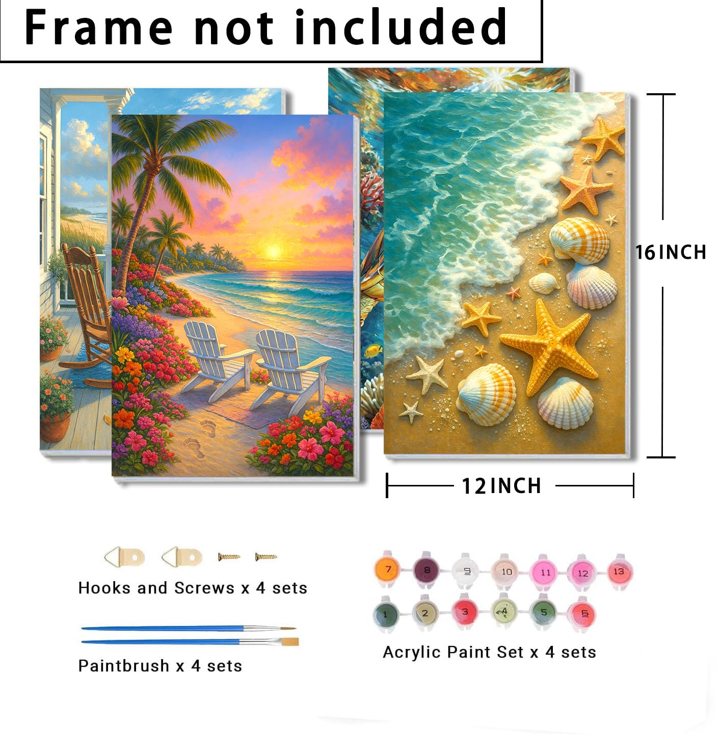 RRMRRM 4 Pack Paint by Numbers kit for Adults Beginner - Beach Adult Paint by Numbers on Canvas, DIY Sea Turtle Oil Painting Kits for Home Wall Decor Gifts 12x16 Inch
