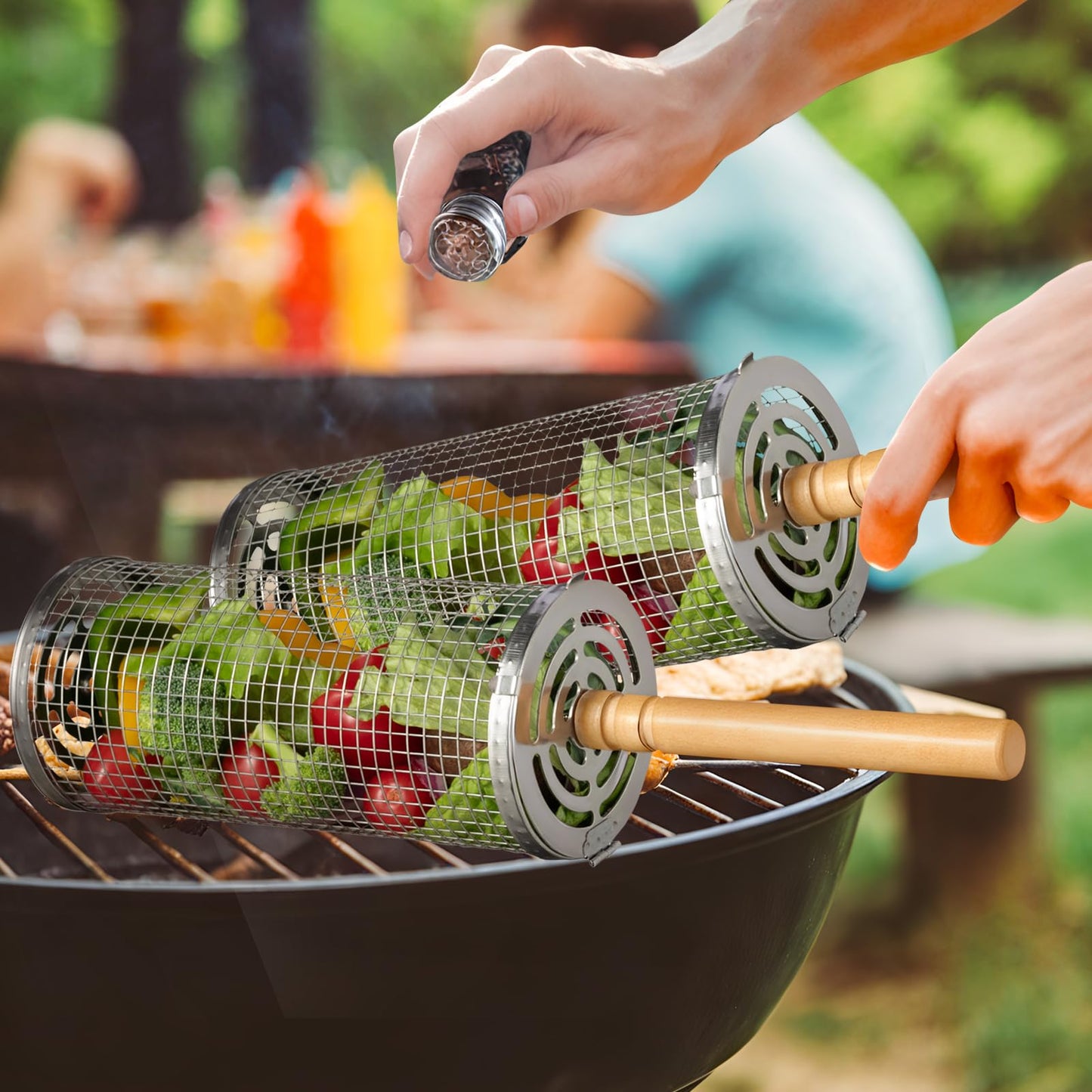 FrutPunch Grill Basket 2 Pcs, Stainless Steel Grilling Accessories,Rolling Grill Baskets for Outdoor Grill with Wooden Handle, Practical Grilling Gifts for Men (2PCS(A Large and A Medium))
